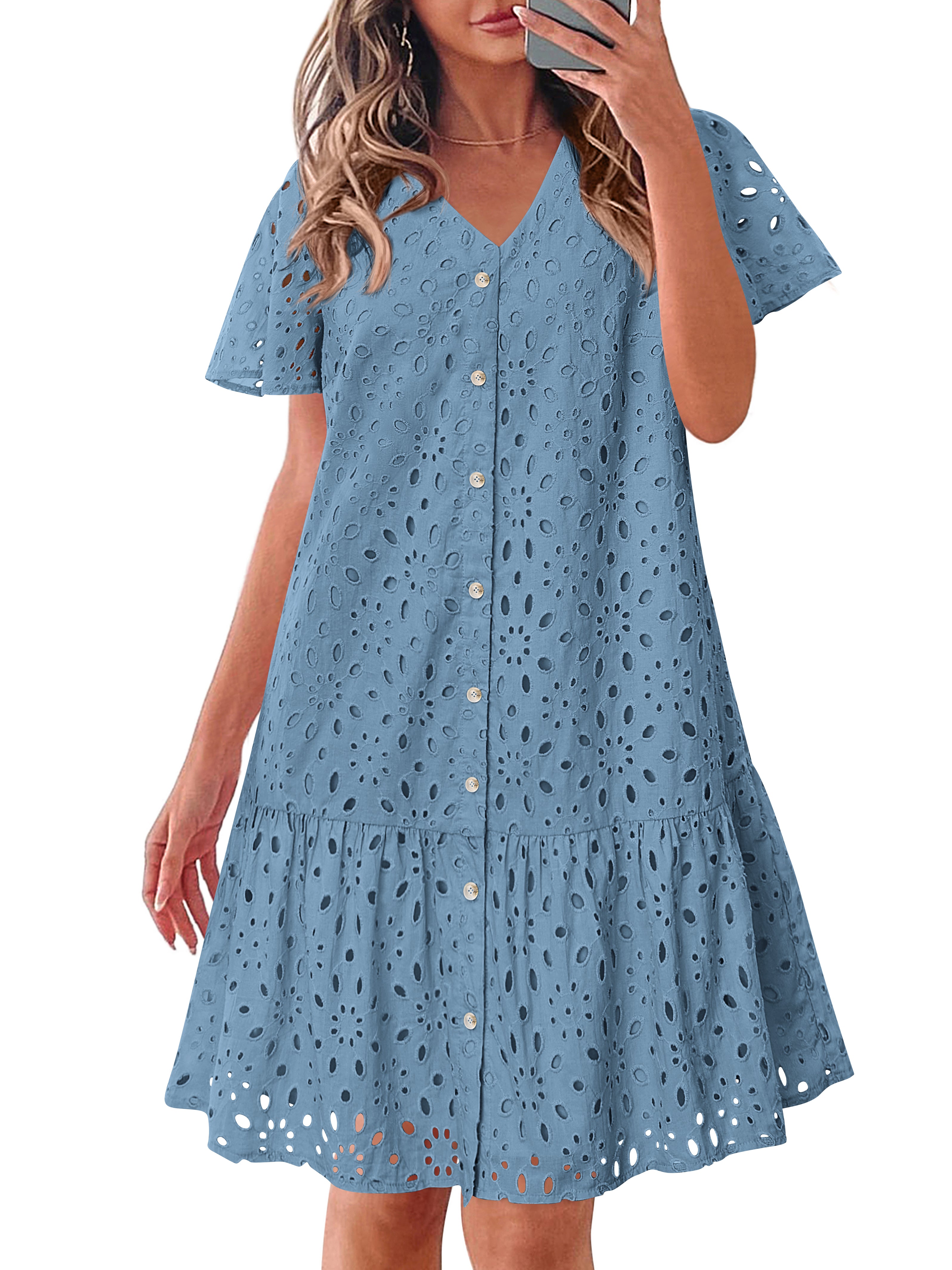KIRUNDO Eyelet Dresses for Women 2026 Spring Summer Short Sleeve Button Down Loose Mini Babydoll Dress Beach Vacation Clothes