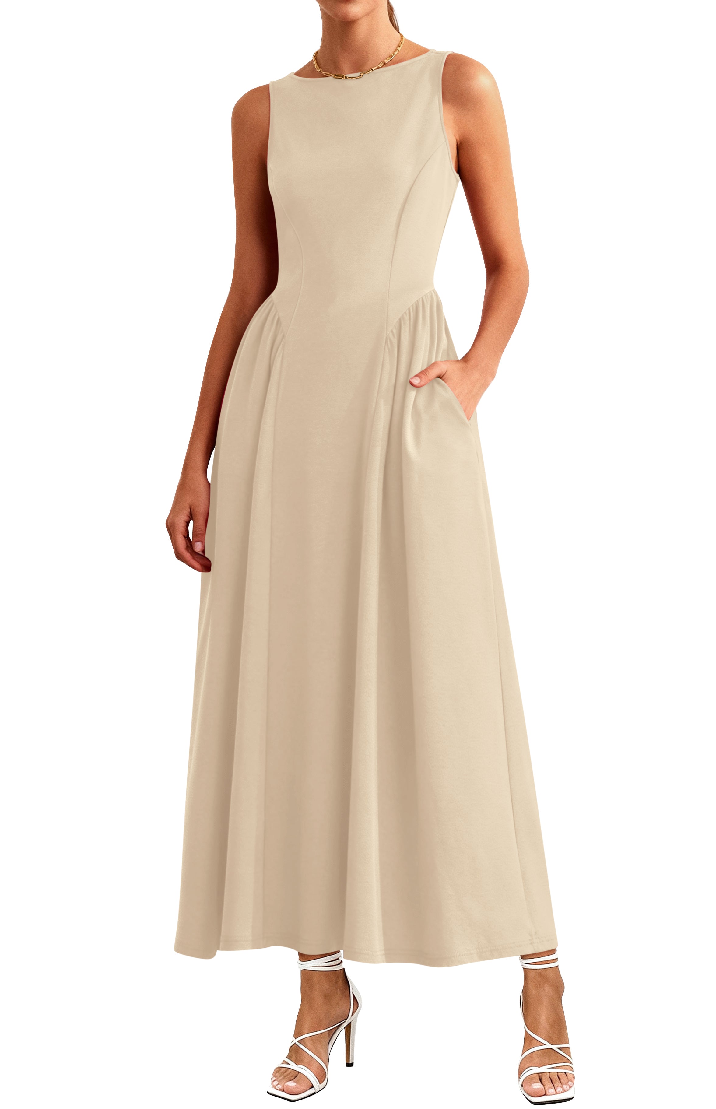 KIRUNDO Summer Dresses for Women 2026 Elegant Classy Wedding Guest Semi Formal Sleeveless Boat Neck Flowy A line Maxi Dress