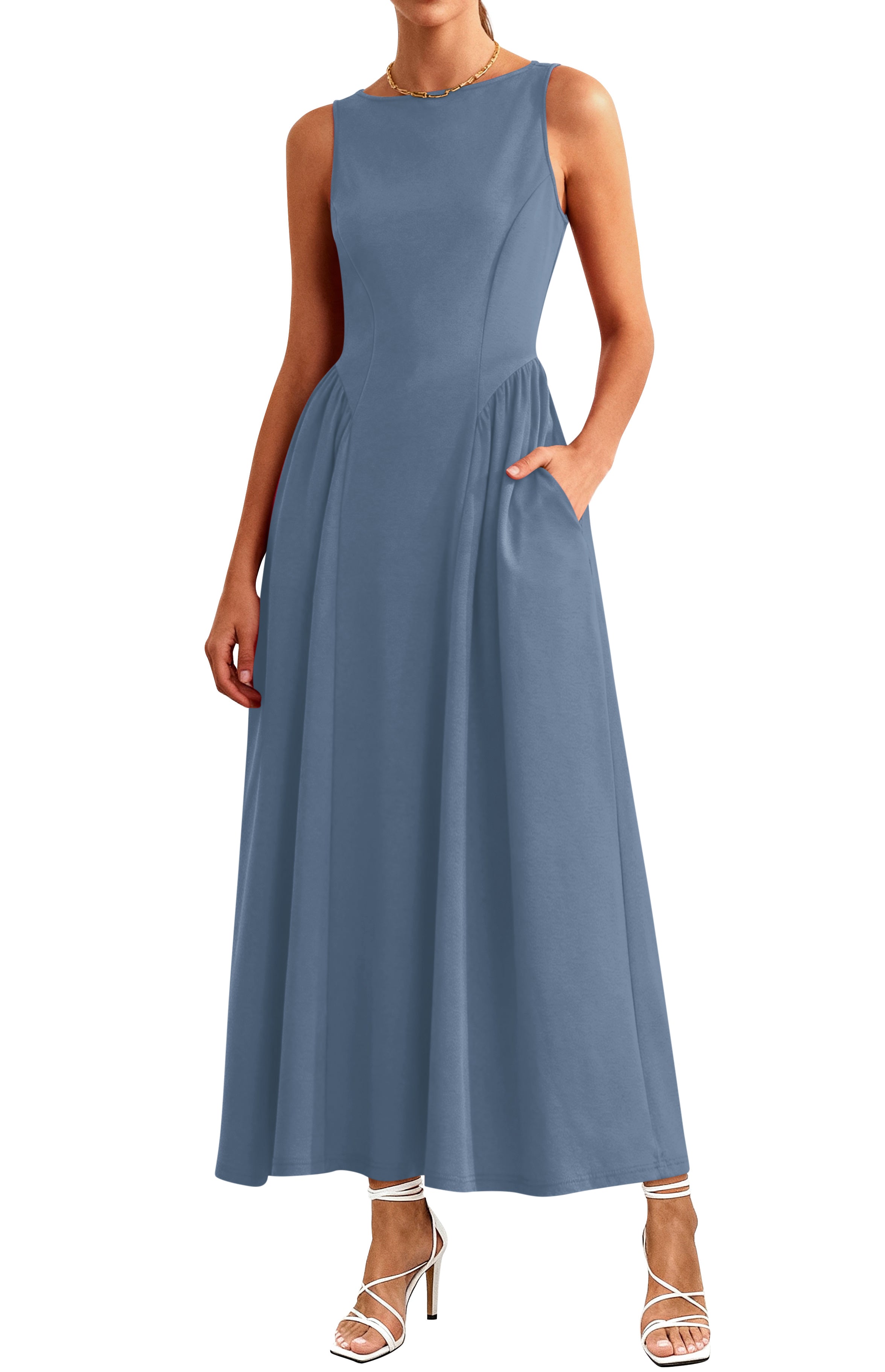 KIRUNDO Summer Dresses for Women 2026 Elegant Classy Wedding Guest Semi Formal Sleeveless Boat Neck Flowy A line Maxi Dress
