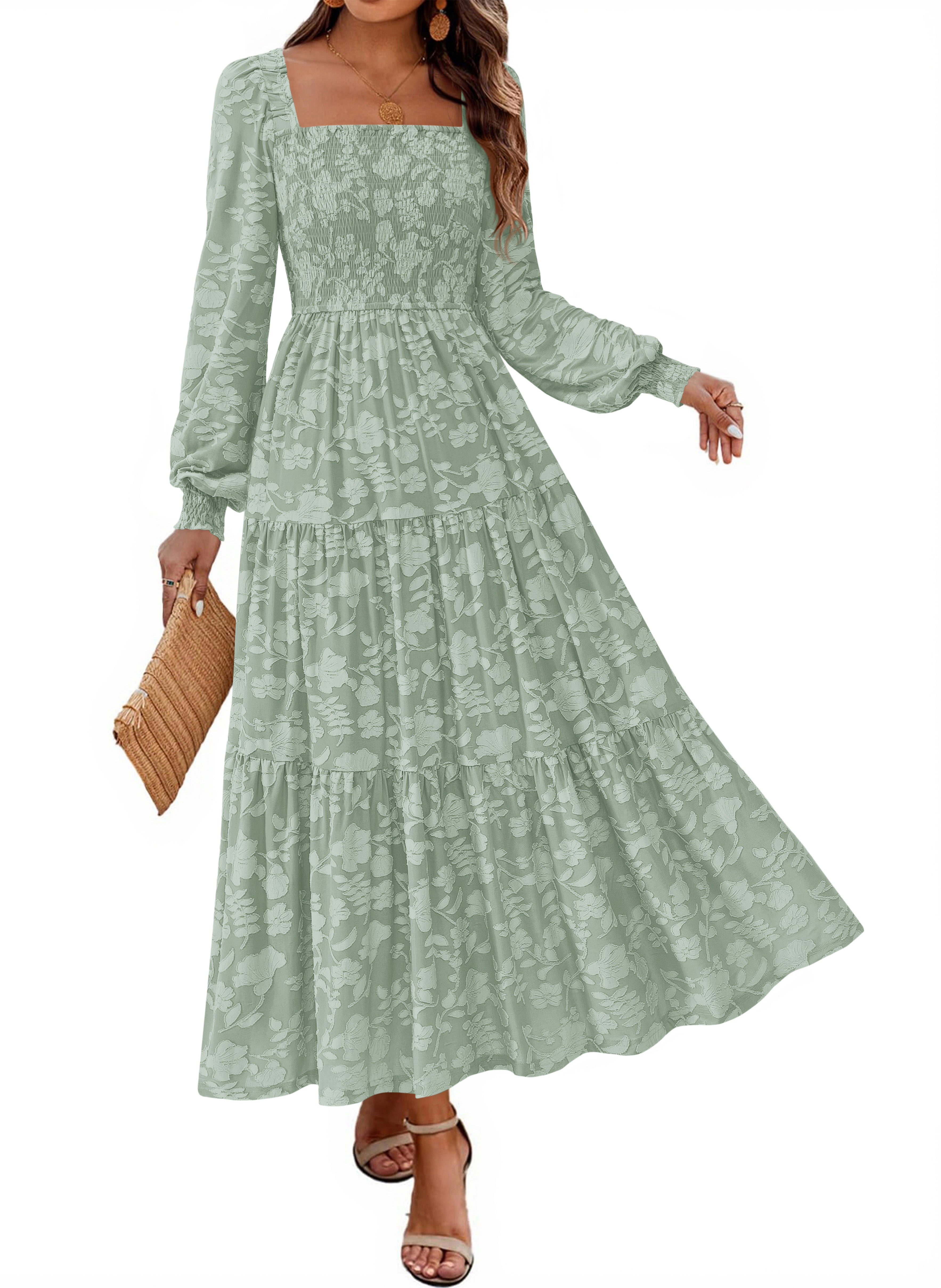 KIRUNDO Wedding Guest Dresses for Women Long Sleeve Smocked Floral Flowy A Line Boho Maxi Dress Fall Clothes