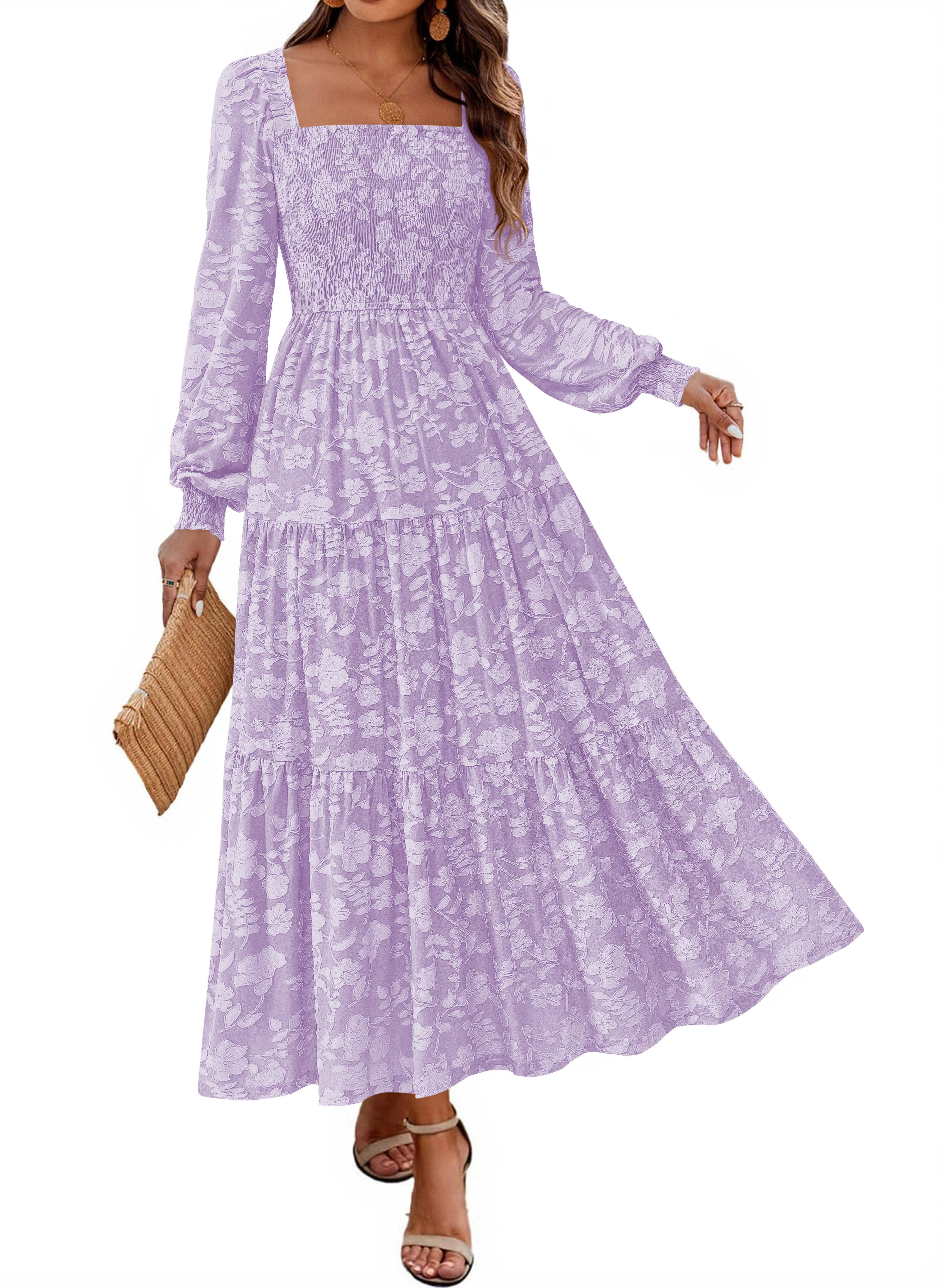 KIRUNDO Wedding Guest Dresses for Women Long Sleeve Smocked Floral Flowy A Line Boho Maxi Dress Fall Clothes