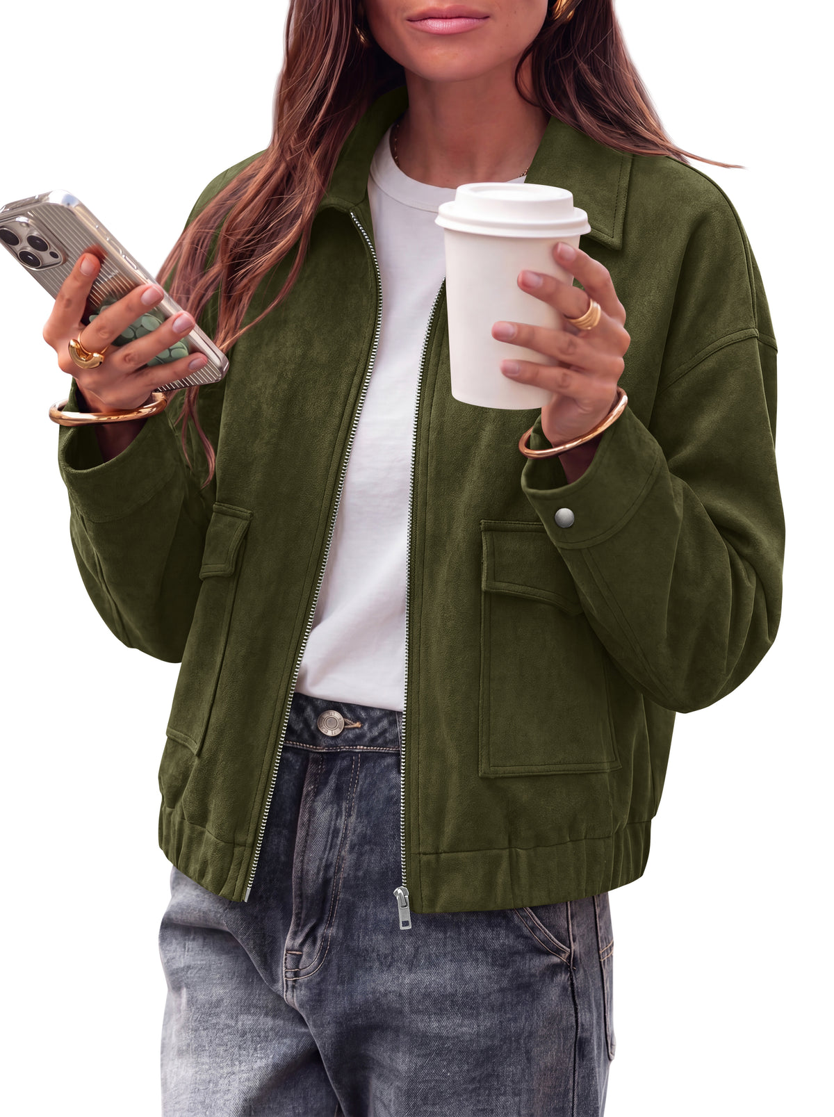KIRUNDO Womens Faux Suede Jacket Zip Up Cropped Bomber Coats