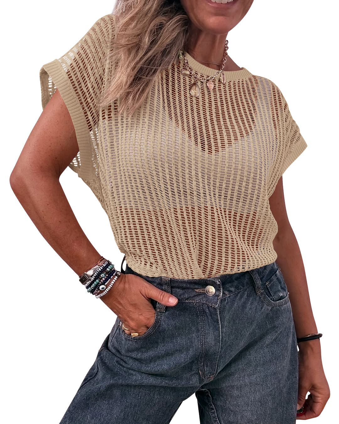 KIRUNDO Beach Cover Ups for Women 2026 Summer Crochet Mesh Swim Bathing Suit Cover Up Tops Cruise Resort Vacation Outfits