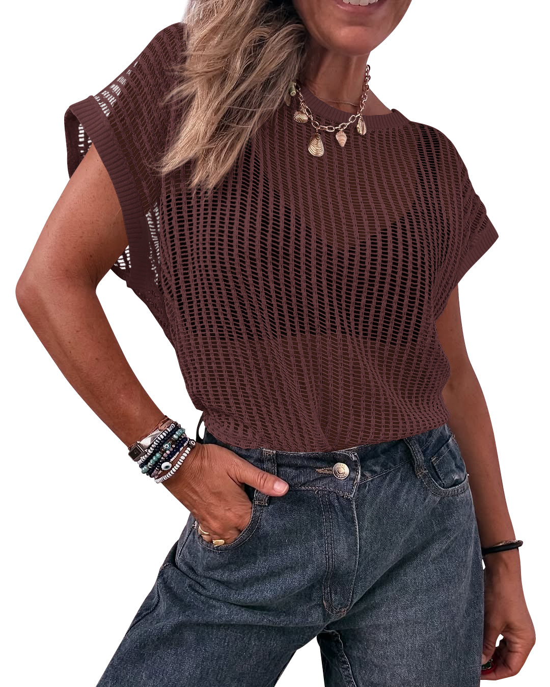 KIRUNDO Beach Cover Ups for Women 2026 Summer Crochet Mesh Swim Bathing Suit Cover Up Tops Cruise Resort Vacation Outfits