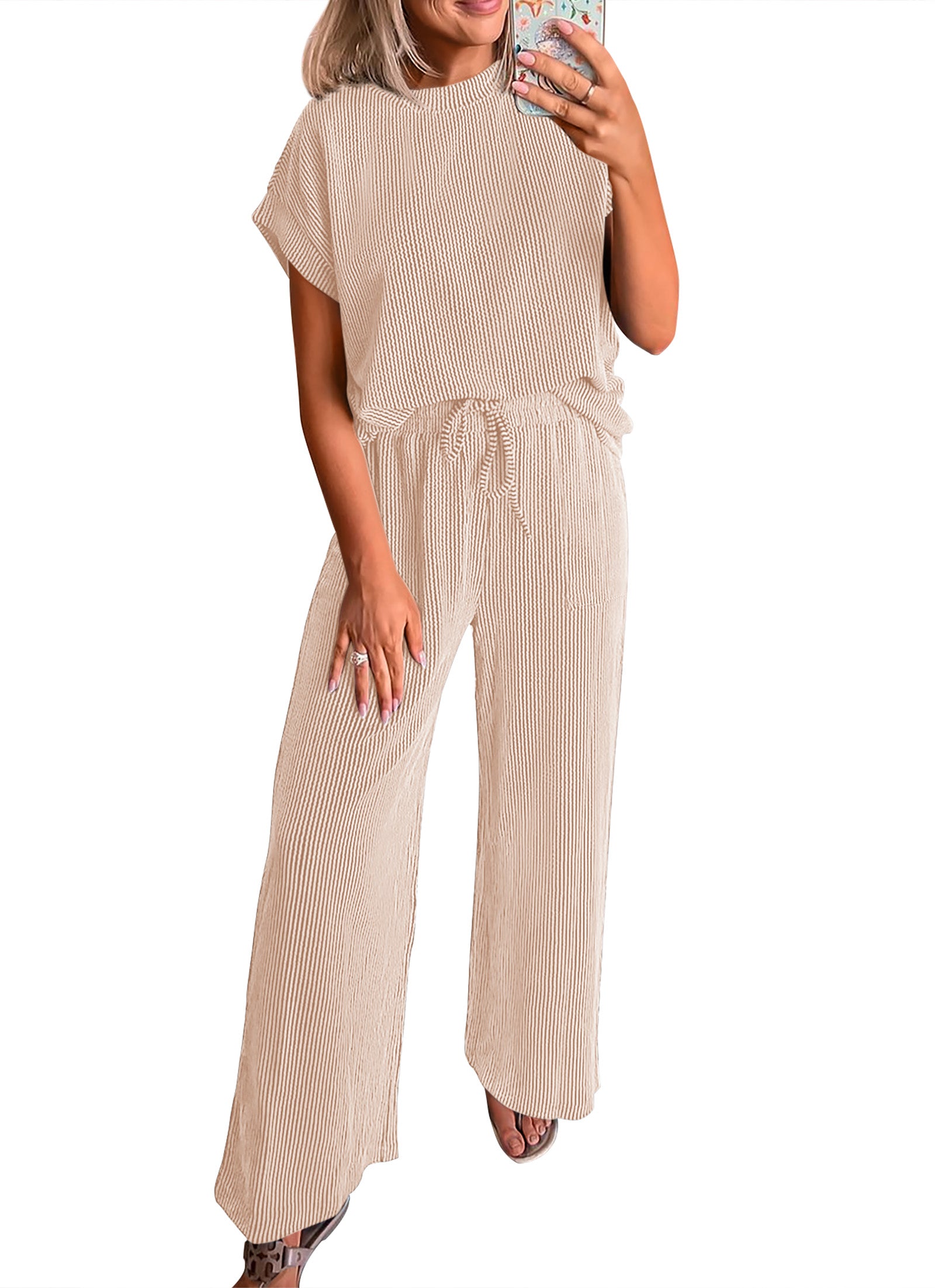 KIRUNDO 2 Piece Sets for Women Dressy Casual Ribbed Knit Short Sleeve Tops Wide Leg Pants Lounge Set Travel Airport Outfits