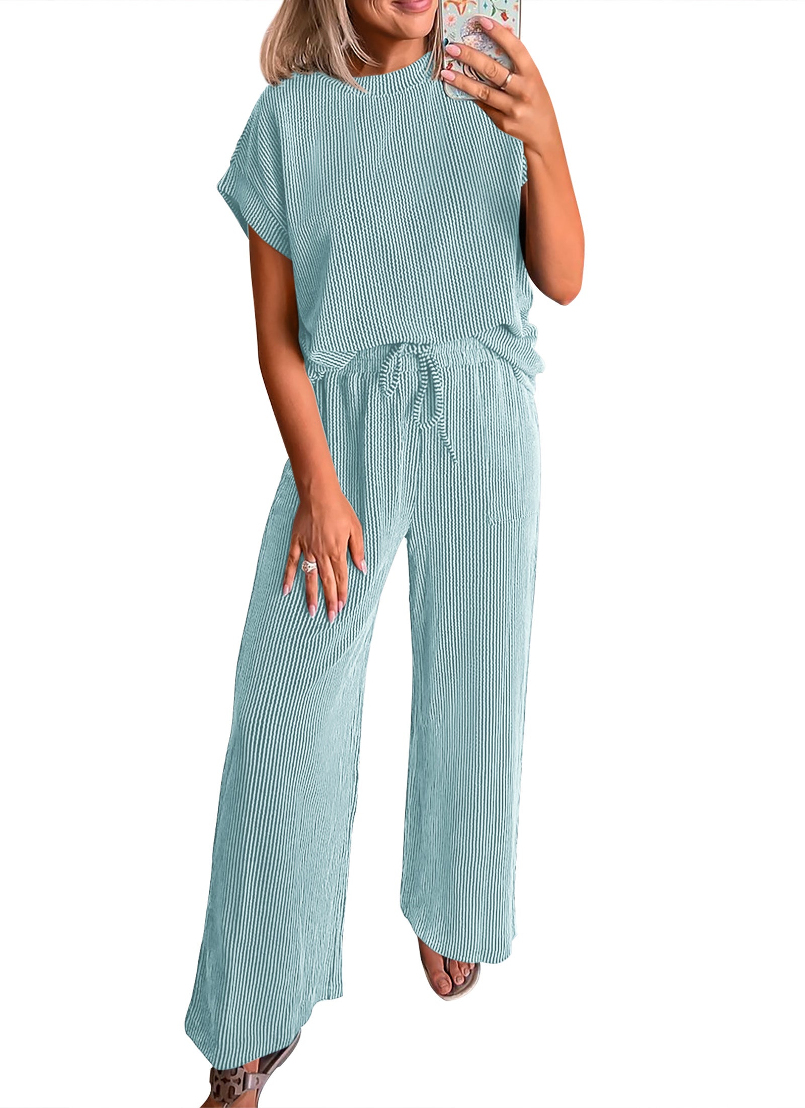 KIRUNDO 2 Piece Sets for Women Dressy Casual Ribbed Knit Short Sleeve Tops Wide Leg Pants Lounge Set Travel Airport Outfits