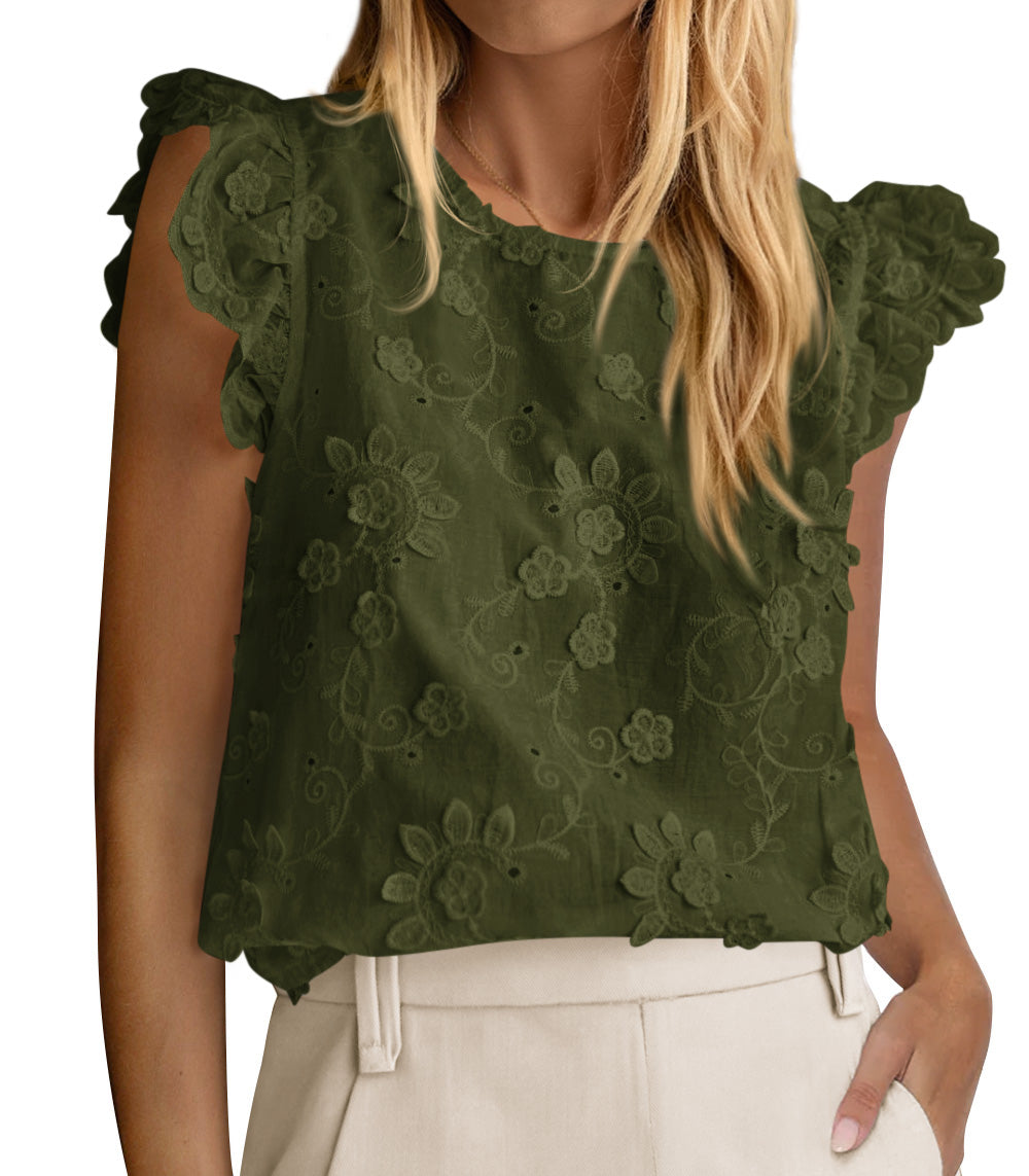KIRUNDO Summer Tops For Women 2026 Ruffle Cap Sleeve Lace Embroidered Floral Boho Shirts Dressy Casual Blouses Cruise Outfits