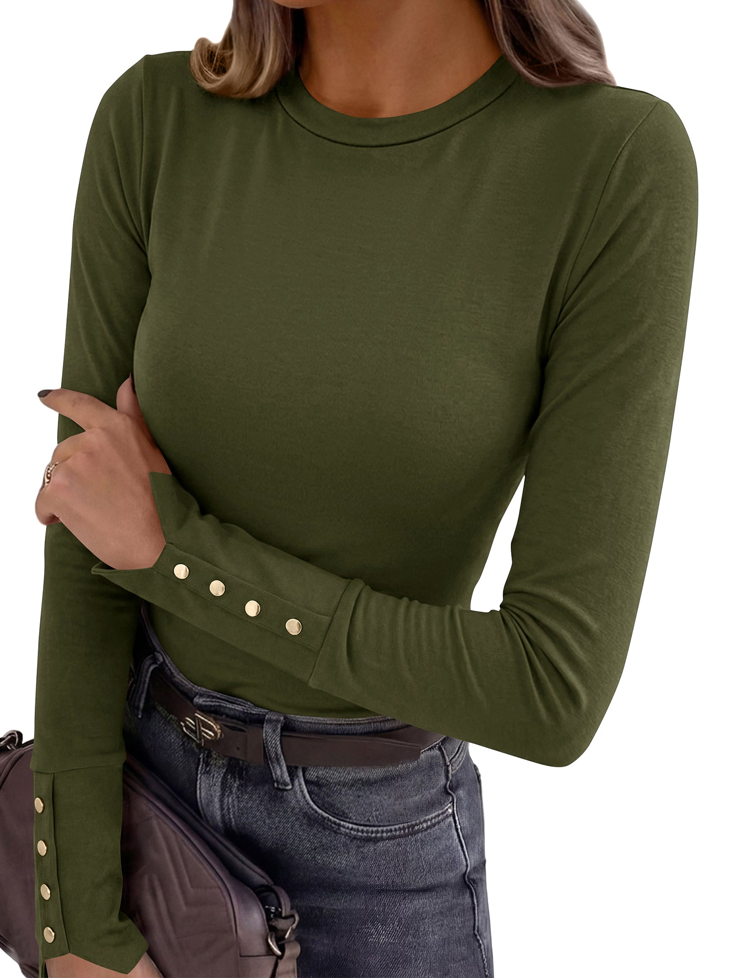 KIRUNDO Long Sleeve Shirts for Women Crew Neck Button Cuffs Business Casual Tops Slim Fitted Basic Knit Tee Fall Clothes