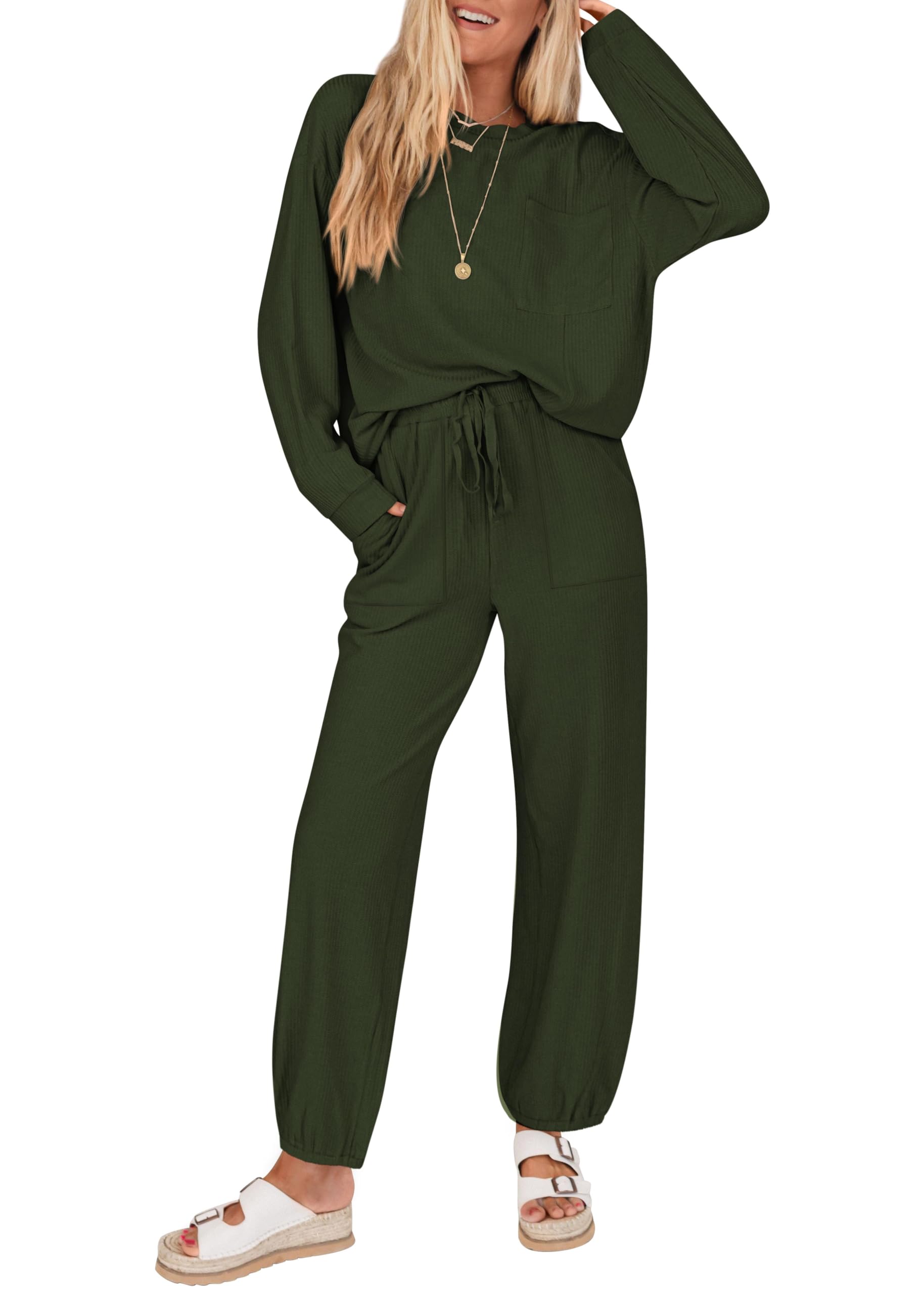 KIRUNDO Lounge Sets for Women 2026 Spring Airport Travel Outfits Ribbed Knit Tops Jogger Pants Tracksuit Postpartum Comfy Set