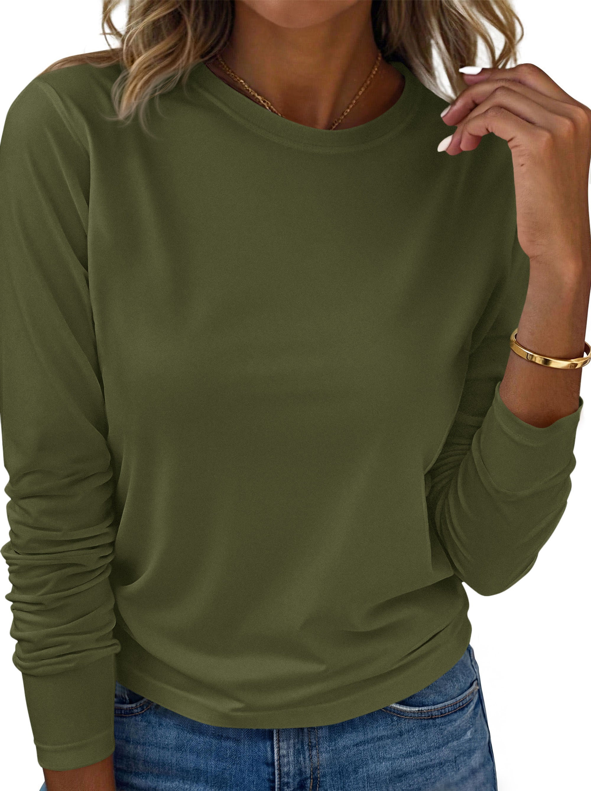 KIRUNDO Womens Long Sleeve Shirts Fall Fashion 2026 Crewneck Casual T Shirt Soft Knit Basic Tee Workout Going Out Tops