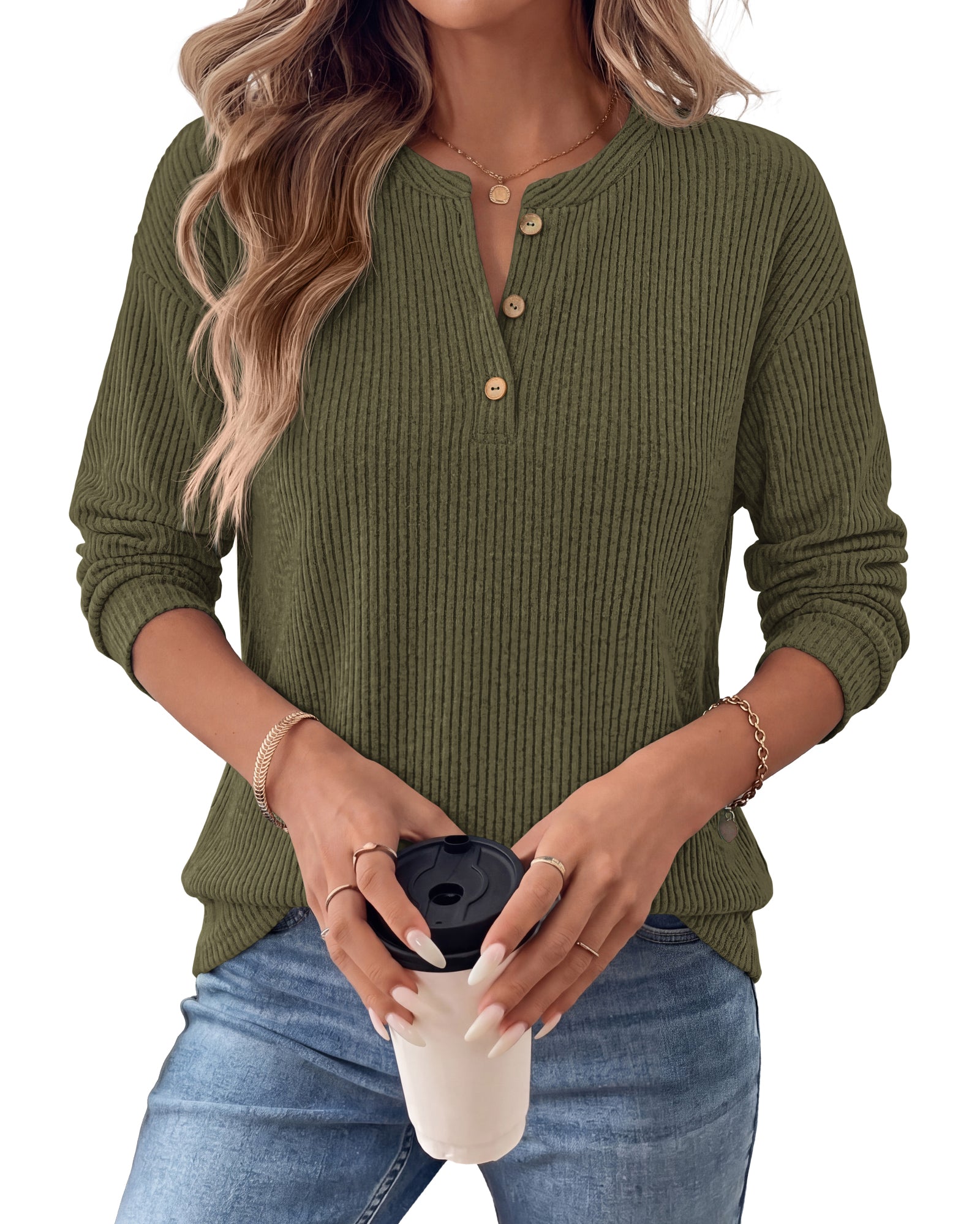 KIRUNDO Womens Long Sleeve Henley Shirts Dressy Casual Button Down Tops