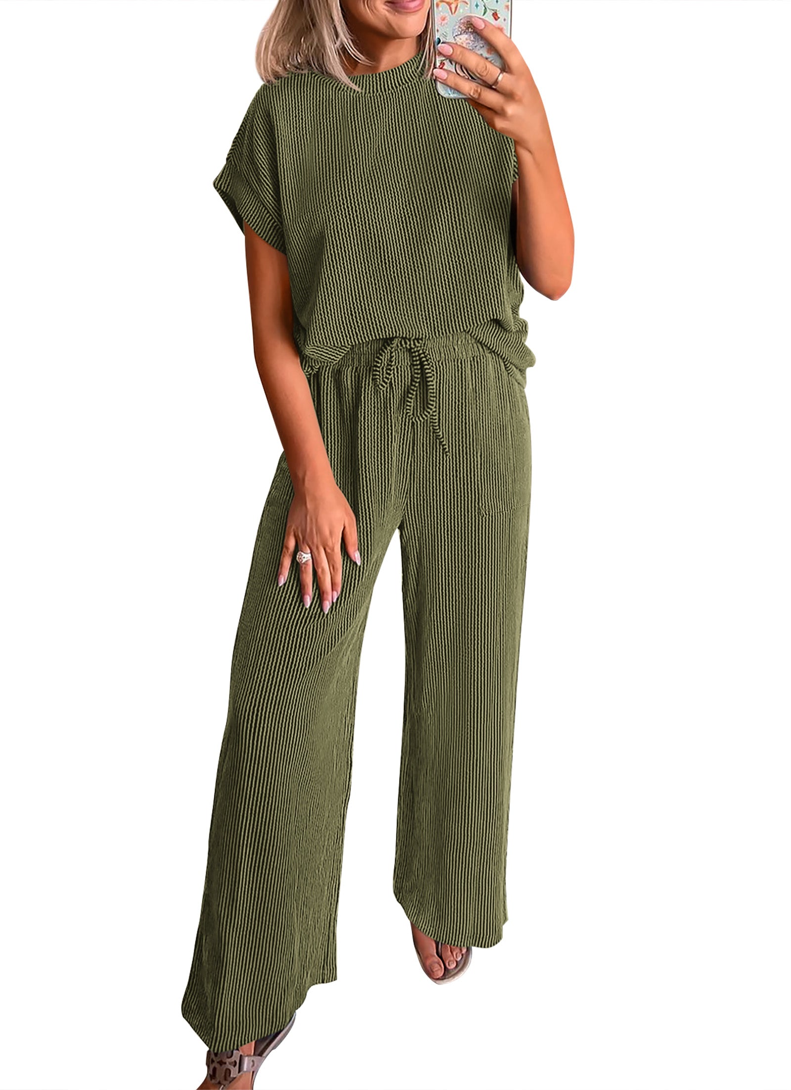 KIRUNDO 2 Piece Sets for Women Dressy Casual Ribbed Knit Short Sleeve Tops Wide Leg Pants Lounge Set Travel Airport Outfits