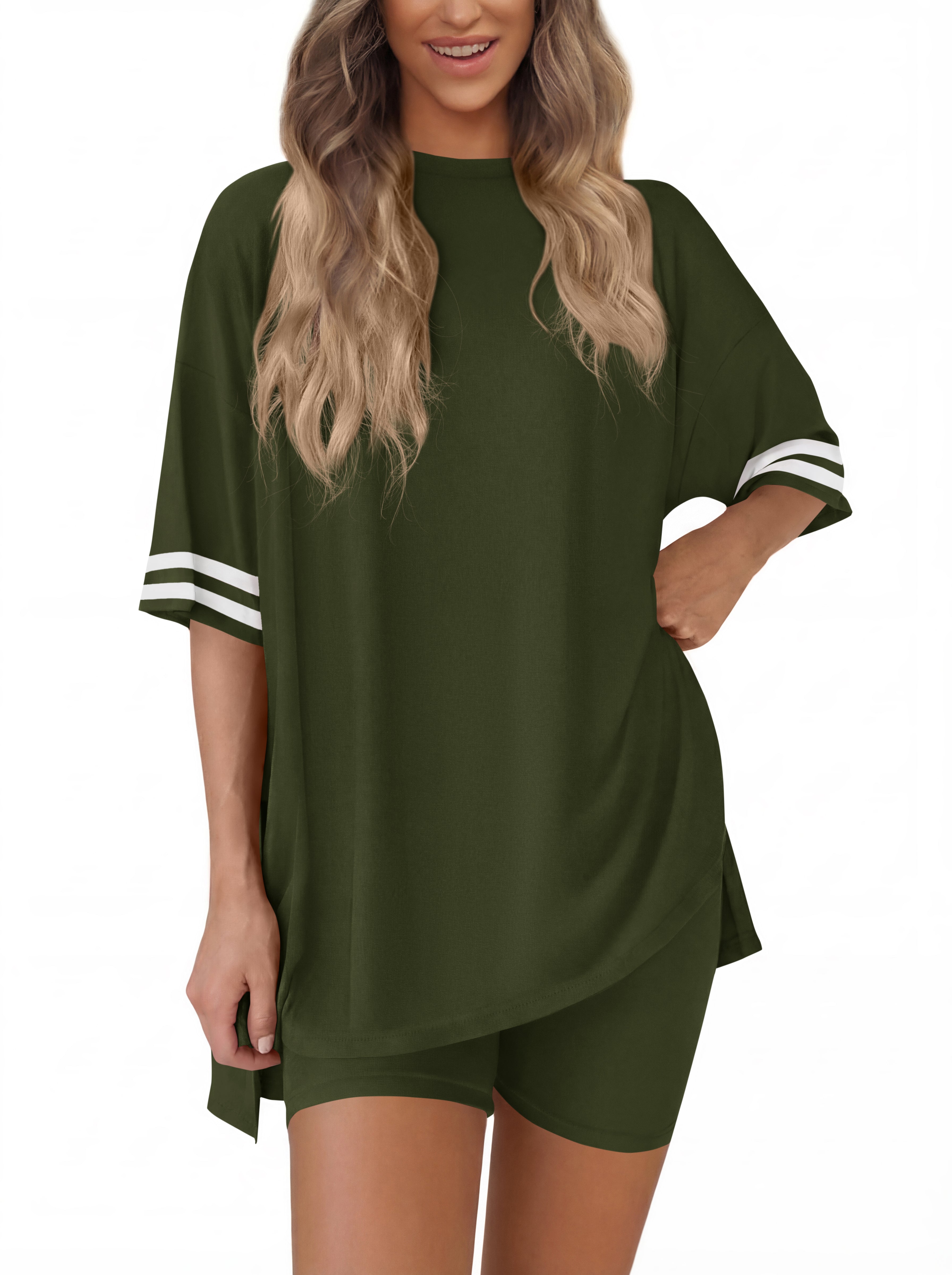 KIRUNDO Women's 2 Piece Lounge Set Airport Travel Outfit 2026 Summer Oversized Shirts Matching Biker Shorts Fashion Clothing