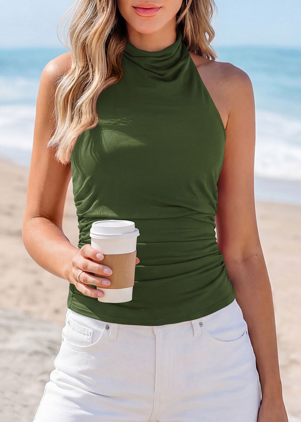 KIRUNDO Tank Tops For Women 2026 Dressy Halter Cowl Neck Backless Summer Clothes Casual Fitted Going Out Mesh Beach Outfits