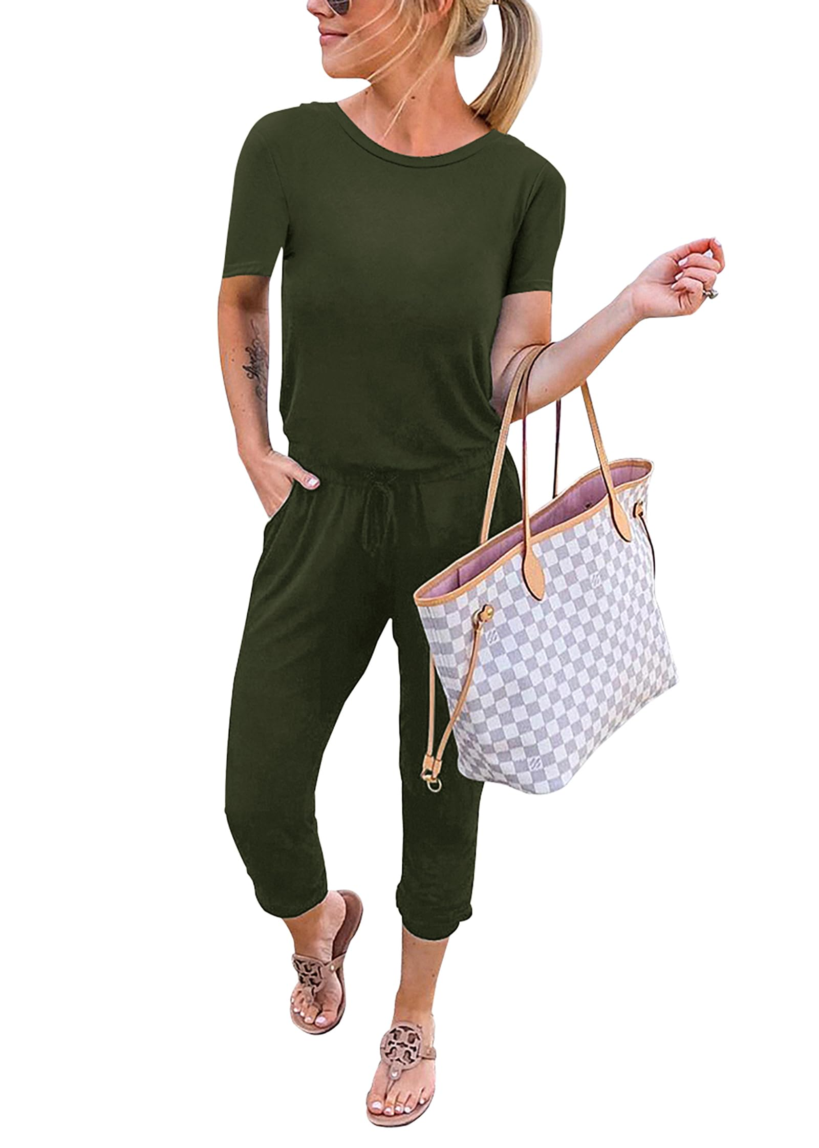 KIRUNDO Jumpsuits for Women Summer 2026 Casual Short Sleeve One Piece Outfits Drawstring Waist Long Pants Romper Jumpers