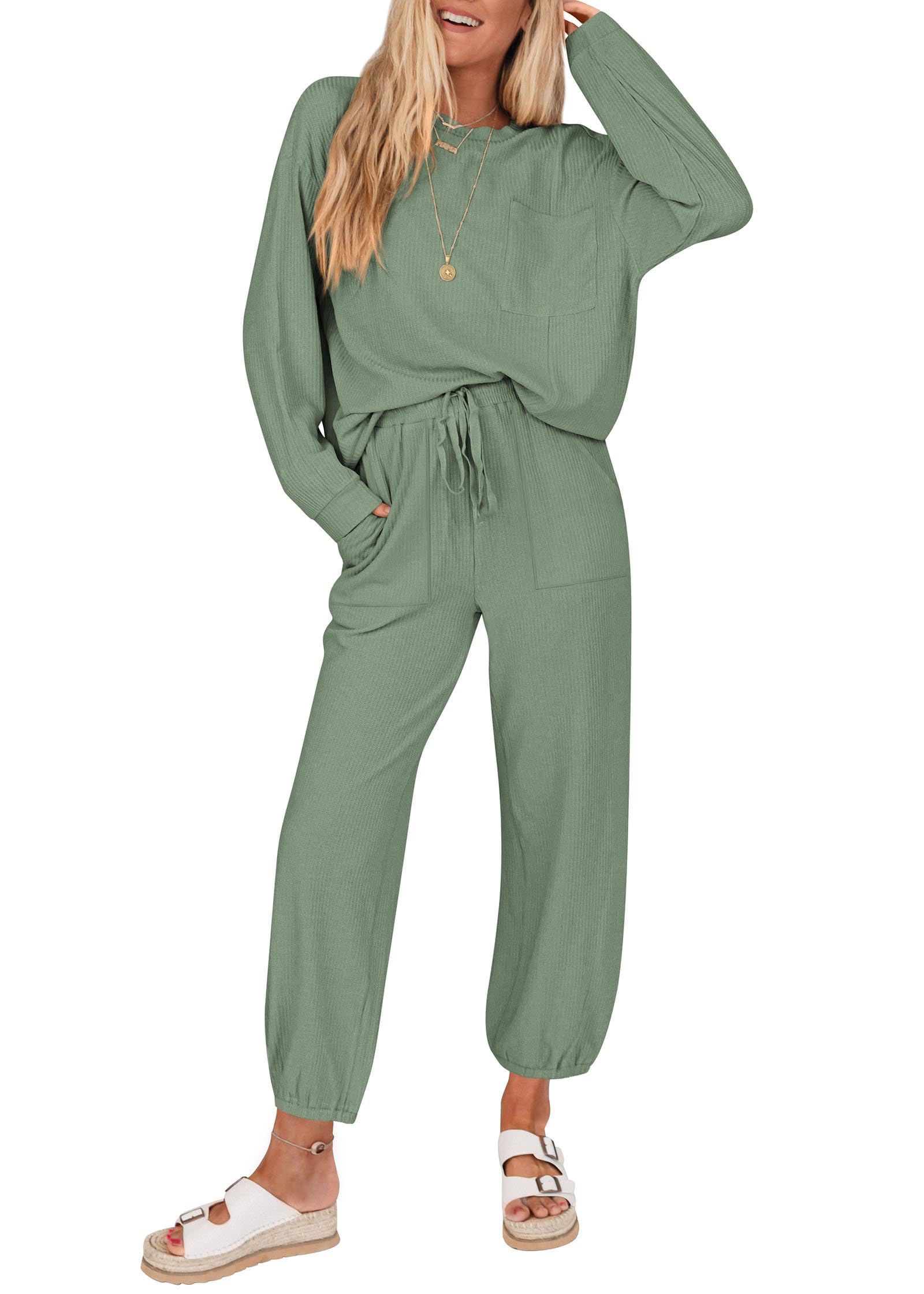KIRUNDO Lounge Sets for Women 2026 Spring Airport Travel Outfits Ribbed Knit Tops Jogger Pants Tracksuit Postpartum Comfy Set