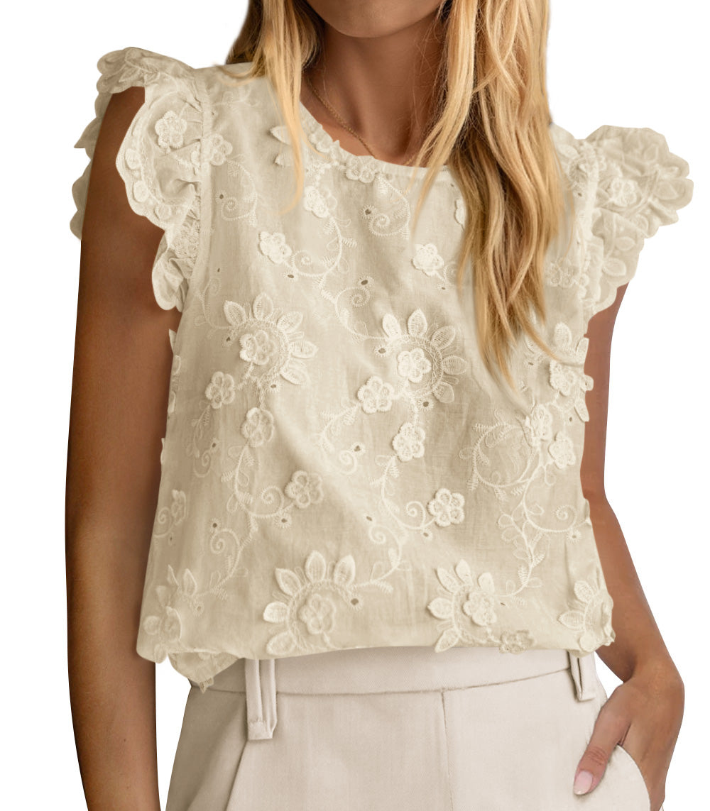 KIRUNDO Summer Tops For Women 2026 Ruffle Cap Sleeve Lace Embroidered Floral Boho Shirts Dressy Casual Blouses Cruise Outfits