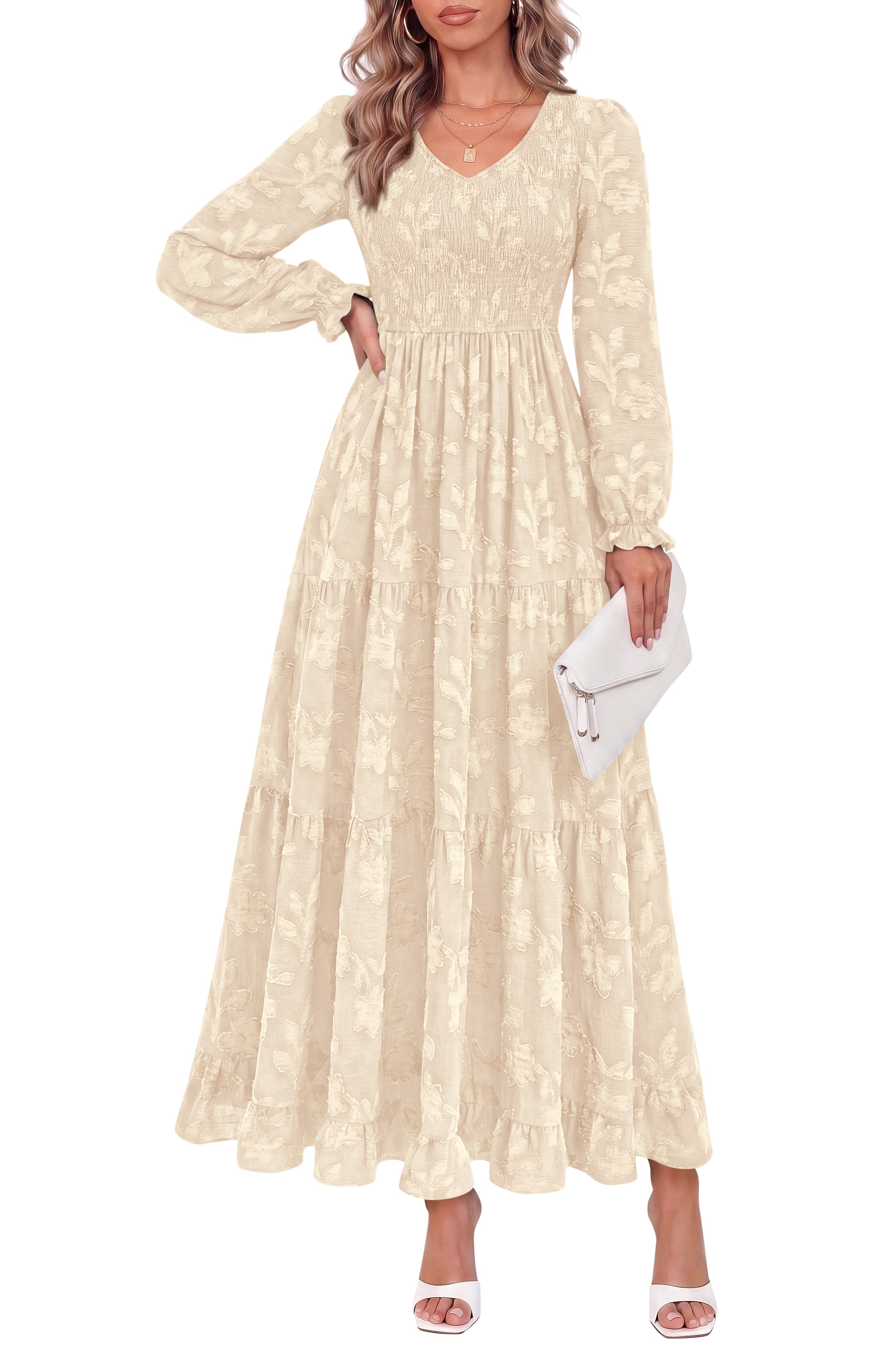 KIRUNDO Fall Dresses For Women 2026 Long Sleeve V Neck Floral Boho Flowy Smocked Casual Wedding Guest Maxi Dress With Pockets