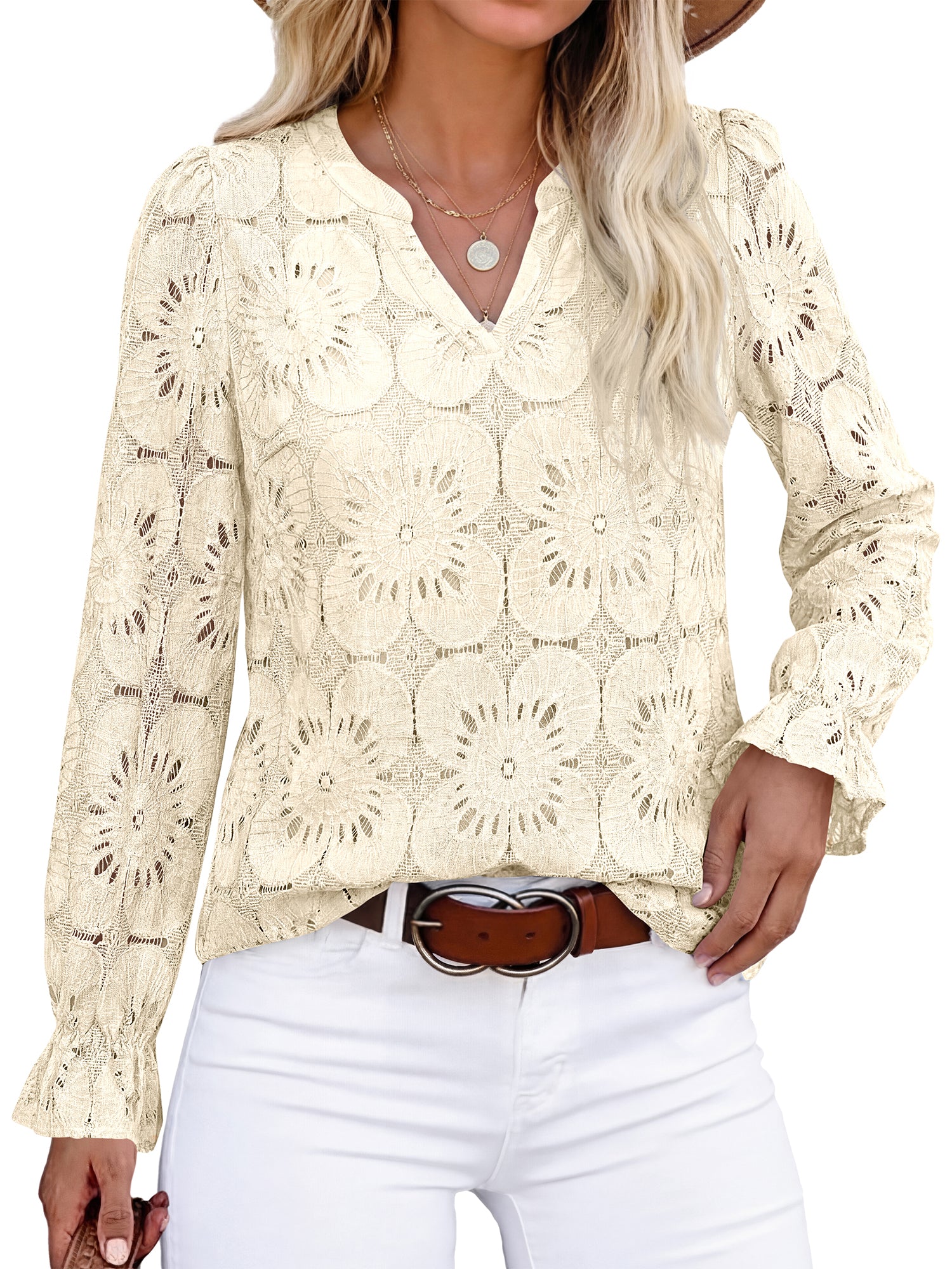 KIRUNDO Lace Tops for Women Dressy Eyelet Long Sleeve Blouses