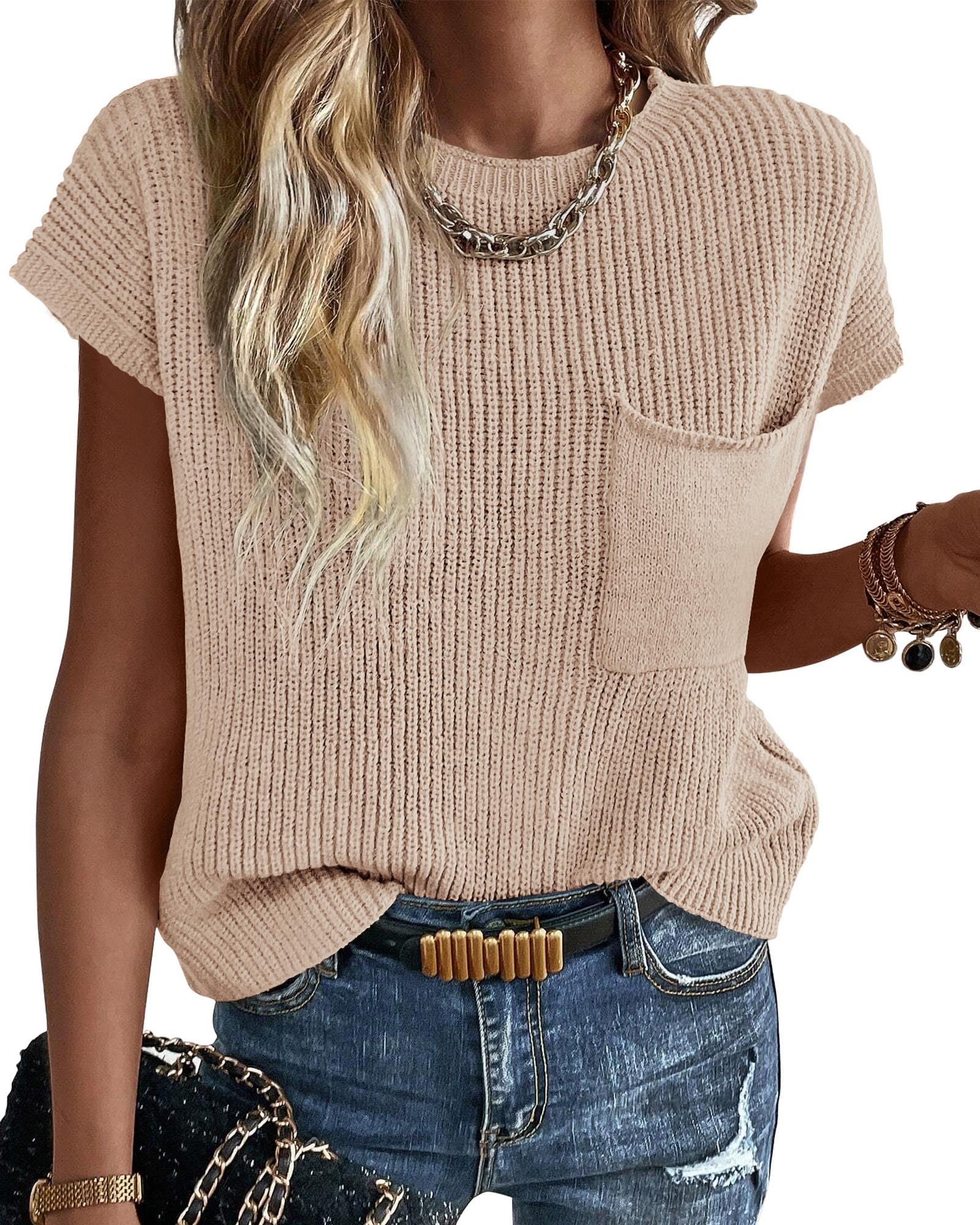 KIRUNDO Spring Summer Short Sleeve Sweater for Women 2026 Casual Sweater Vest Cotton Knit Pullover Tank Tops Fashion Clothing