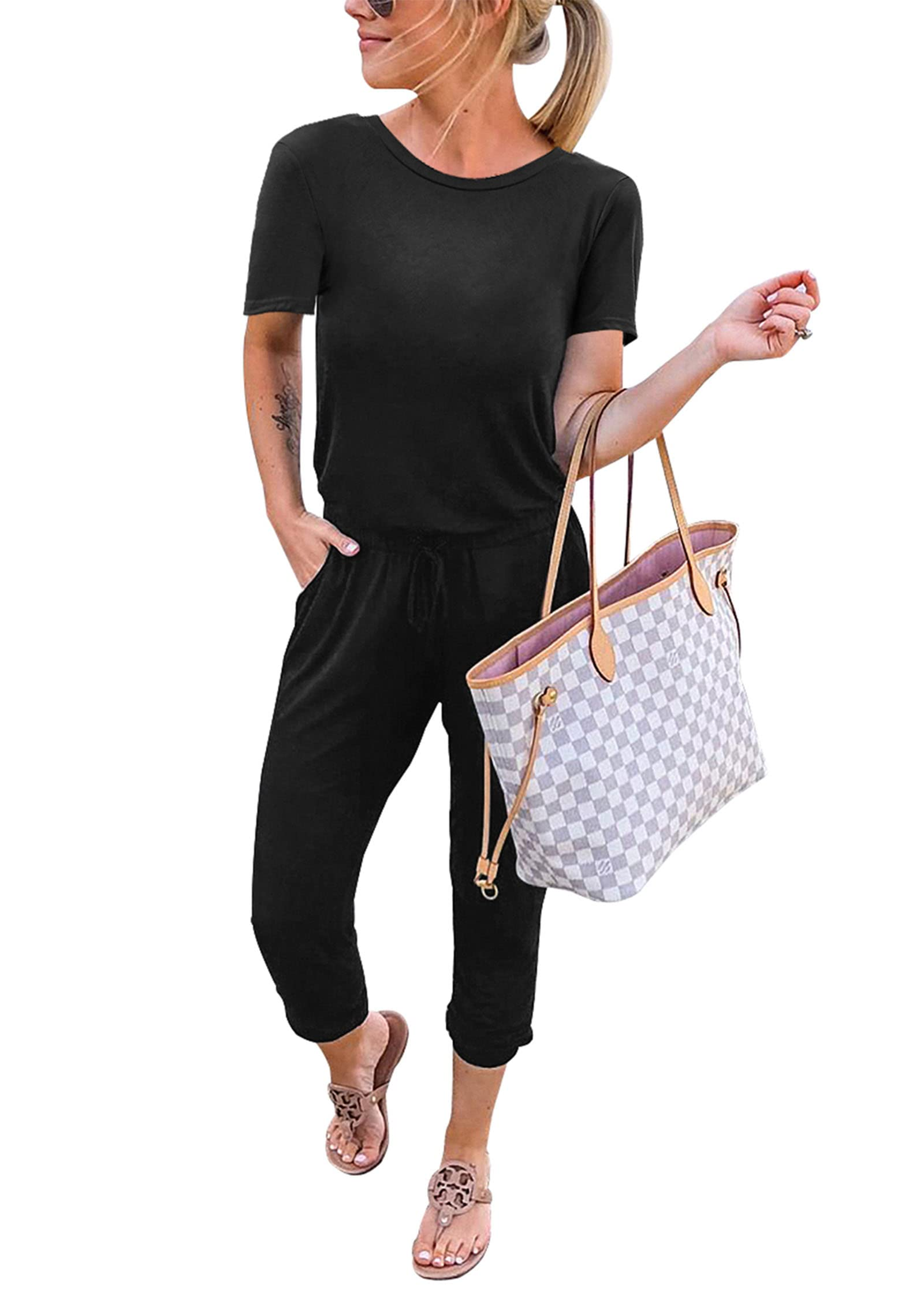 KIRUNDO Jumpsuits for Women Summer 2026 Casual Short Sleeve One Piece Outfits Drawstring Waist Long Pants Romper Jumpers