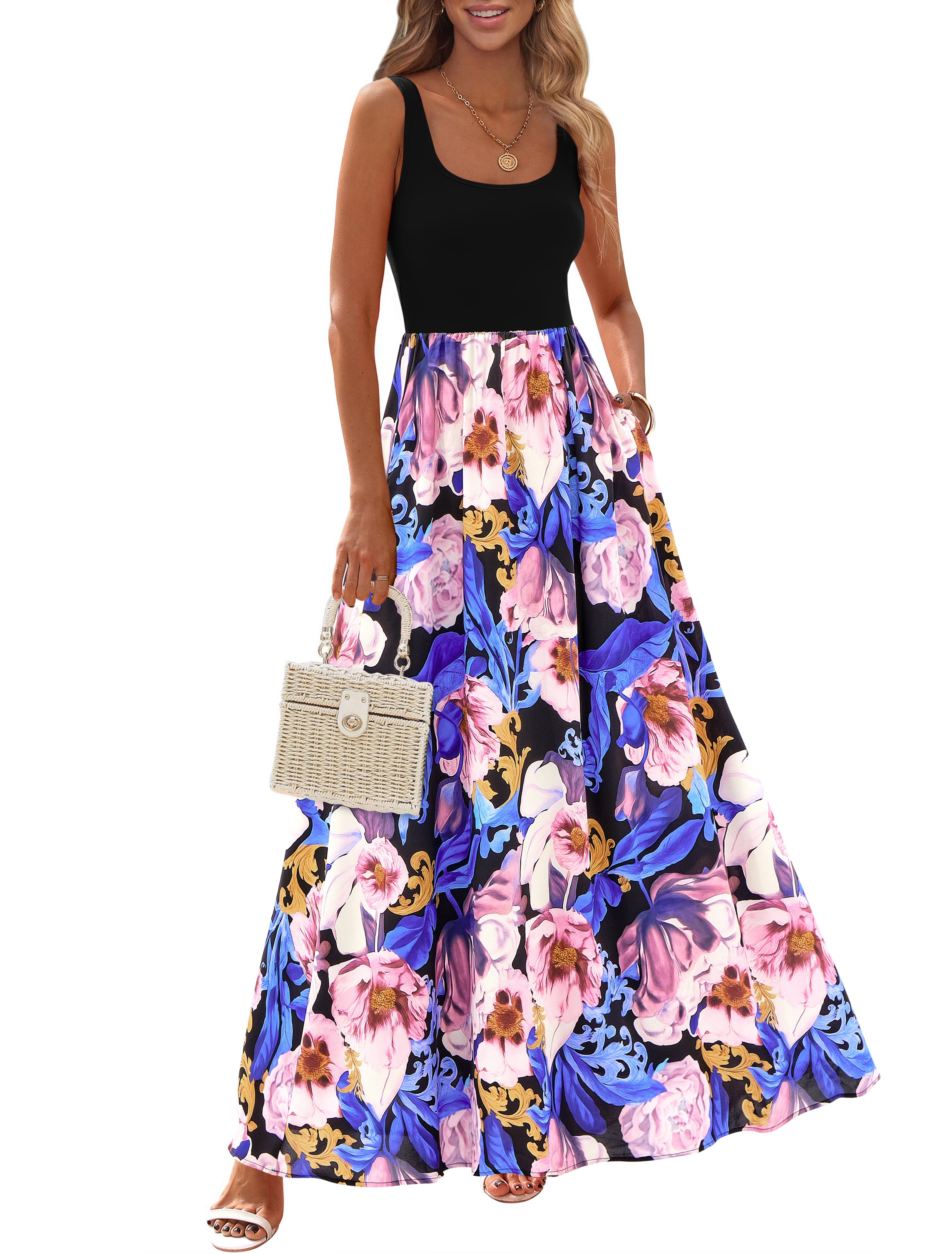 KIRUNDO Women Summer Sleeveless Boho Floral Maxi Dress 2026 Scoop Neck Tank A Line Flowy Beach Vacation Resort Wear Sundress