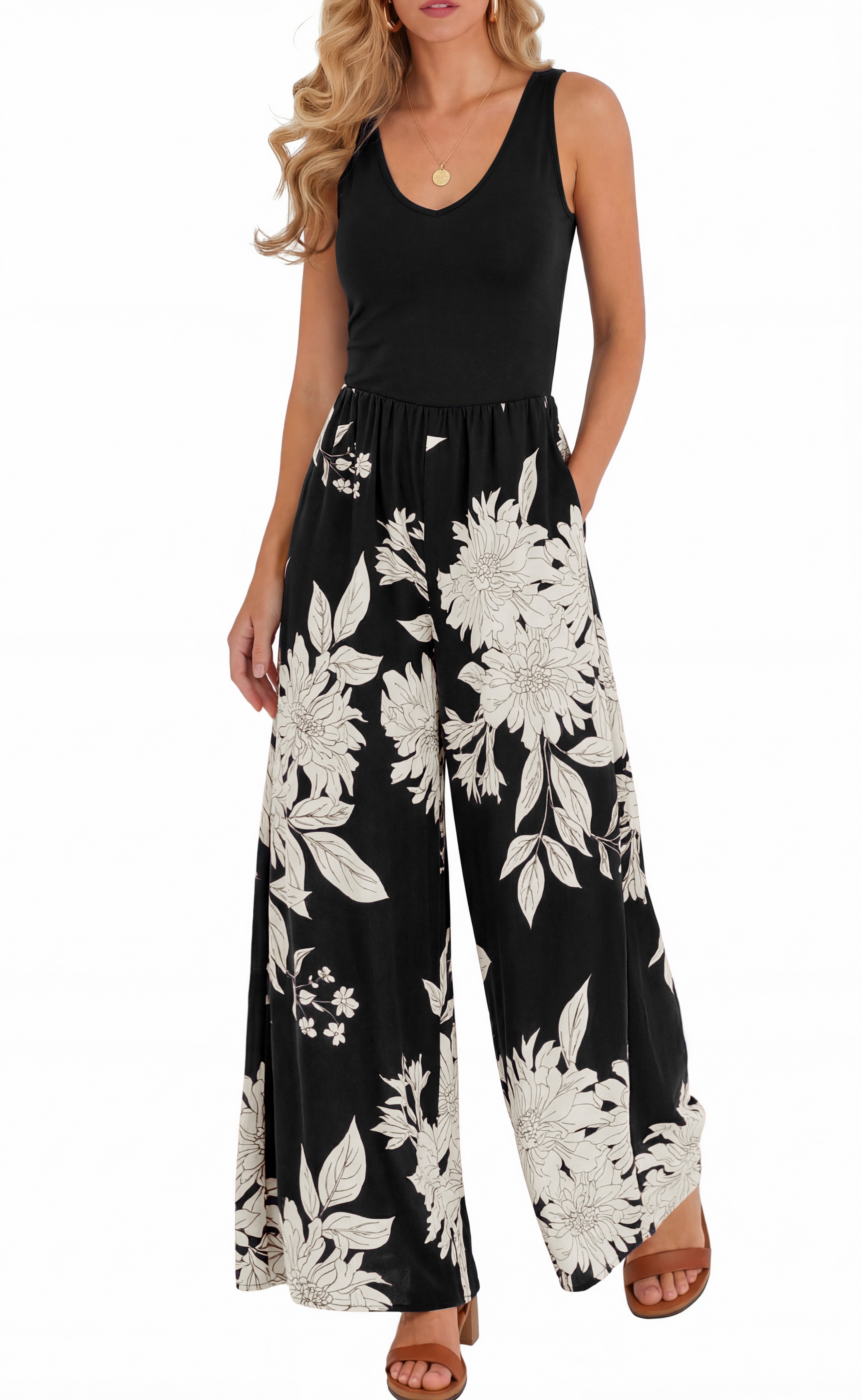 KIRUNDO Jumpsuits for Women Dressy 2026 Summer One Piece Sleeveless Boho Floral Wide Leg Romper Beach Vacation Cruise Outfits