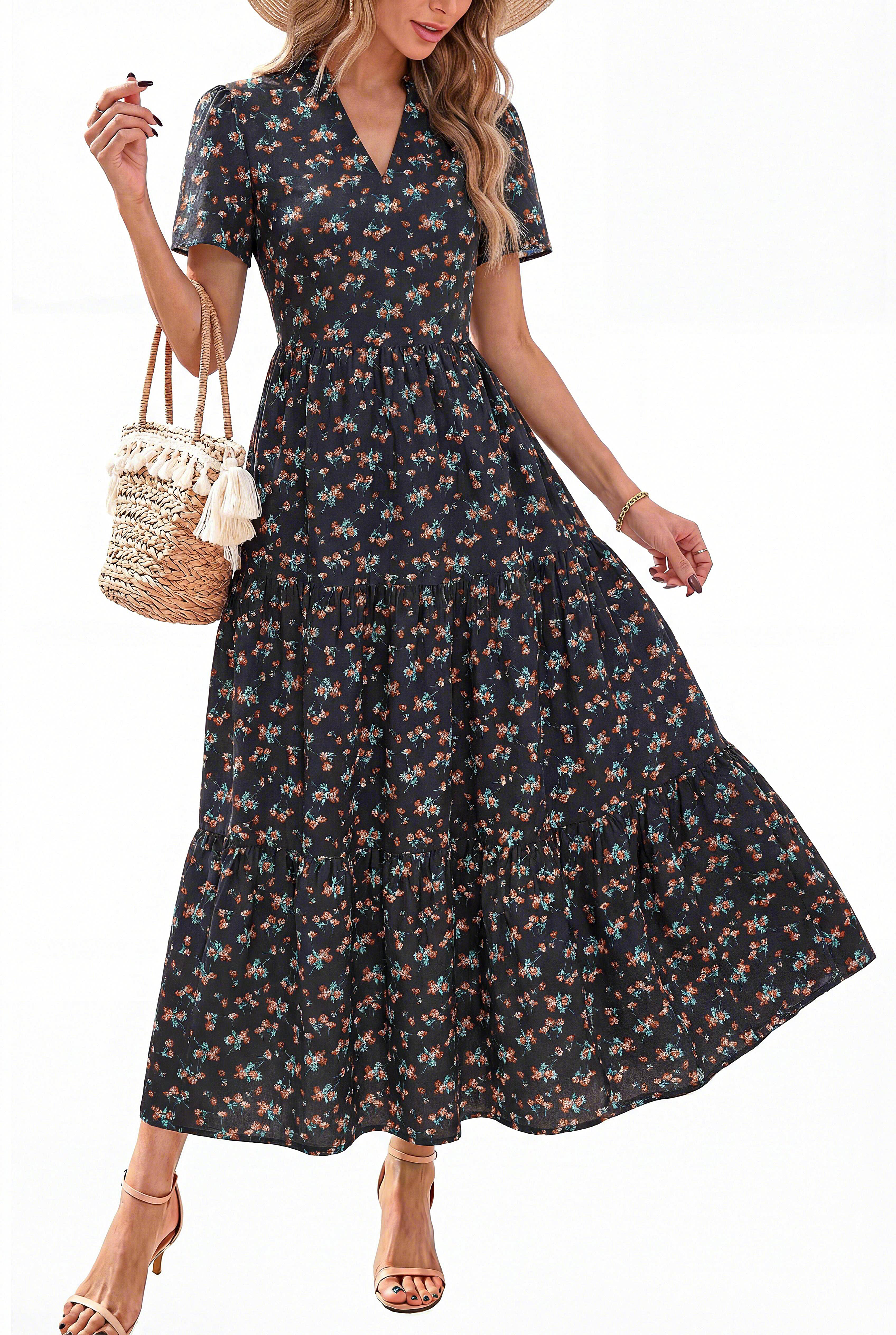 KIRUNDO Women’s Summer Dresses Casual V Neck Short Sleeve Floral Long Flowy A Line Boho Maxi Dress for Beach Vacation Wedding