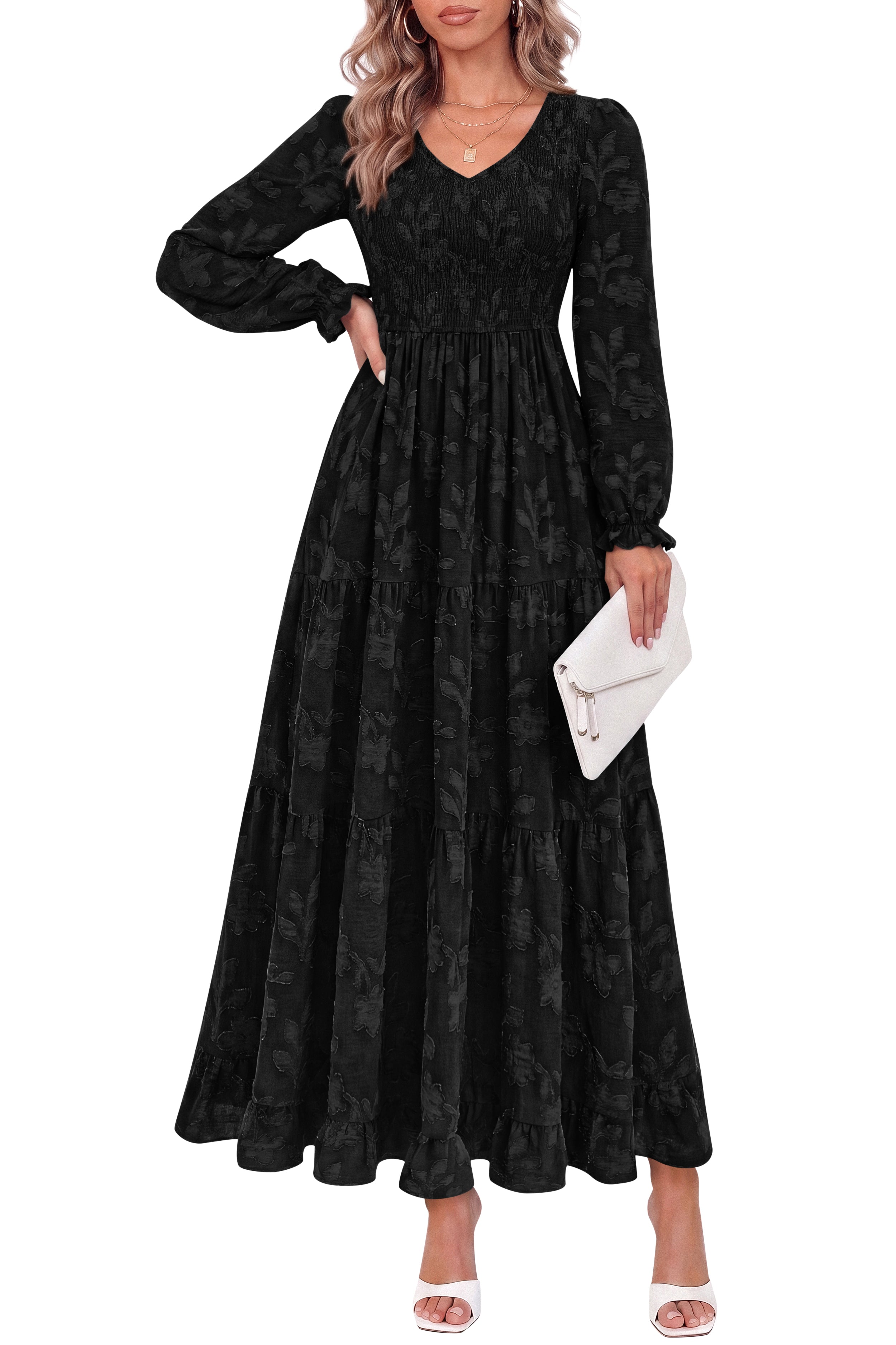 KIRUNDO Fall Dresses For Women 2026 Long Sleeve V Neck Floral Boho Flowy Smocked Casual Wedding Guest Maxi Dress With Pockets