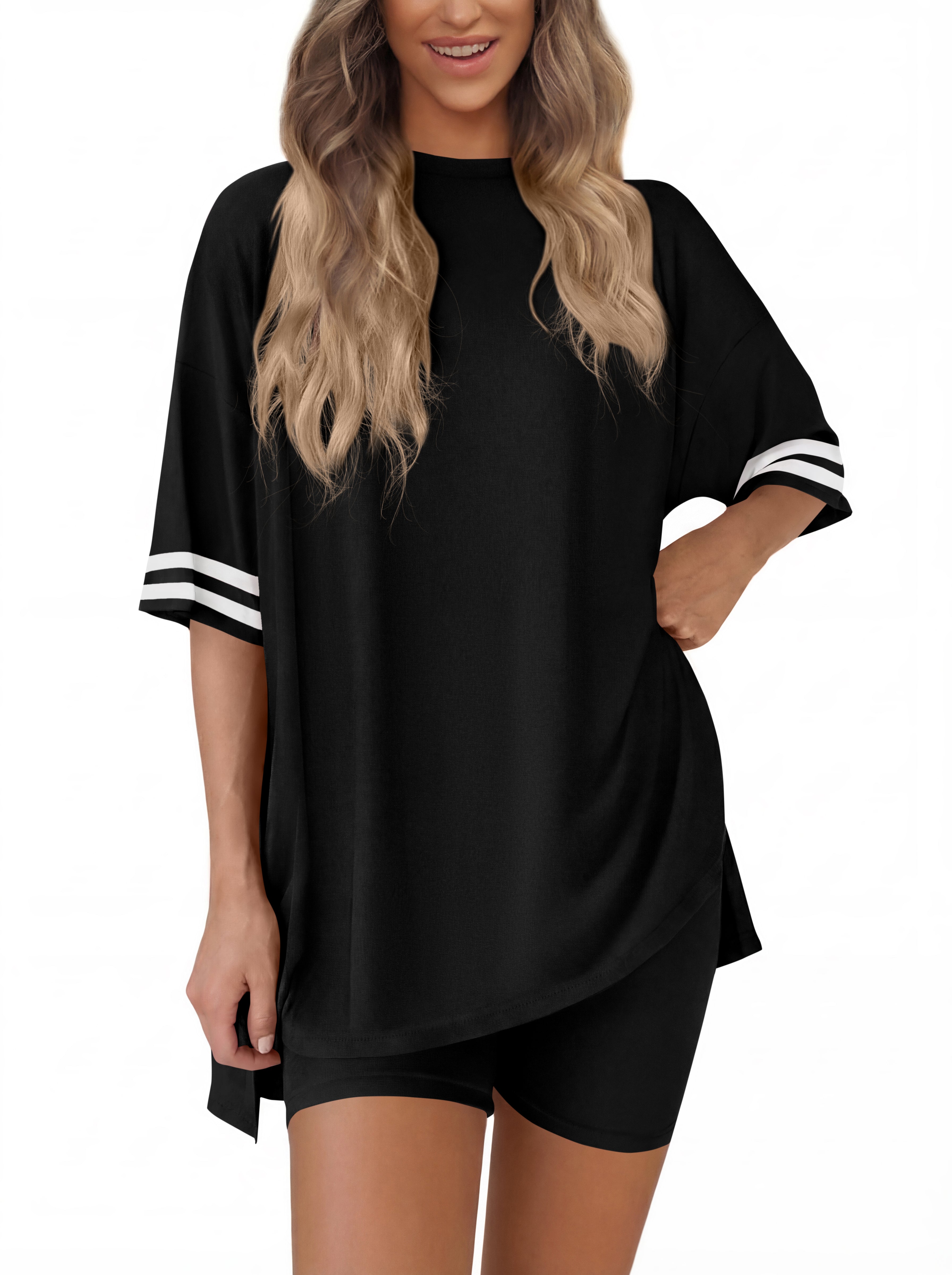 KIRUNDO Women's 2 Piece Lounge Set Airport Travel Outfit 2026 Summer Oversized Shirts Matching Biker Shorts Fashion Clothing