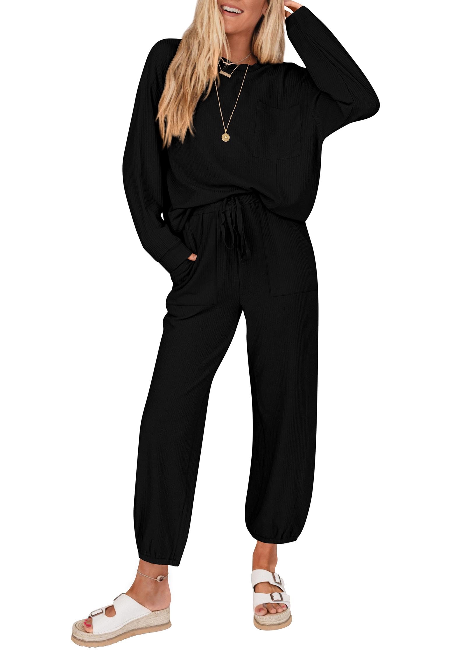 KIRUNDO Lounge Sets for Women 2026 Spring Airport Travel Outfits Ribbed Knit Tops Jogger Pants Tracksuit Postpartum Comfy Set