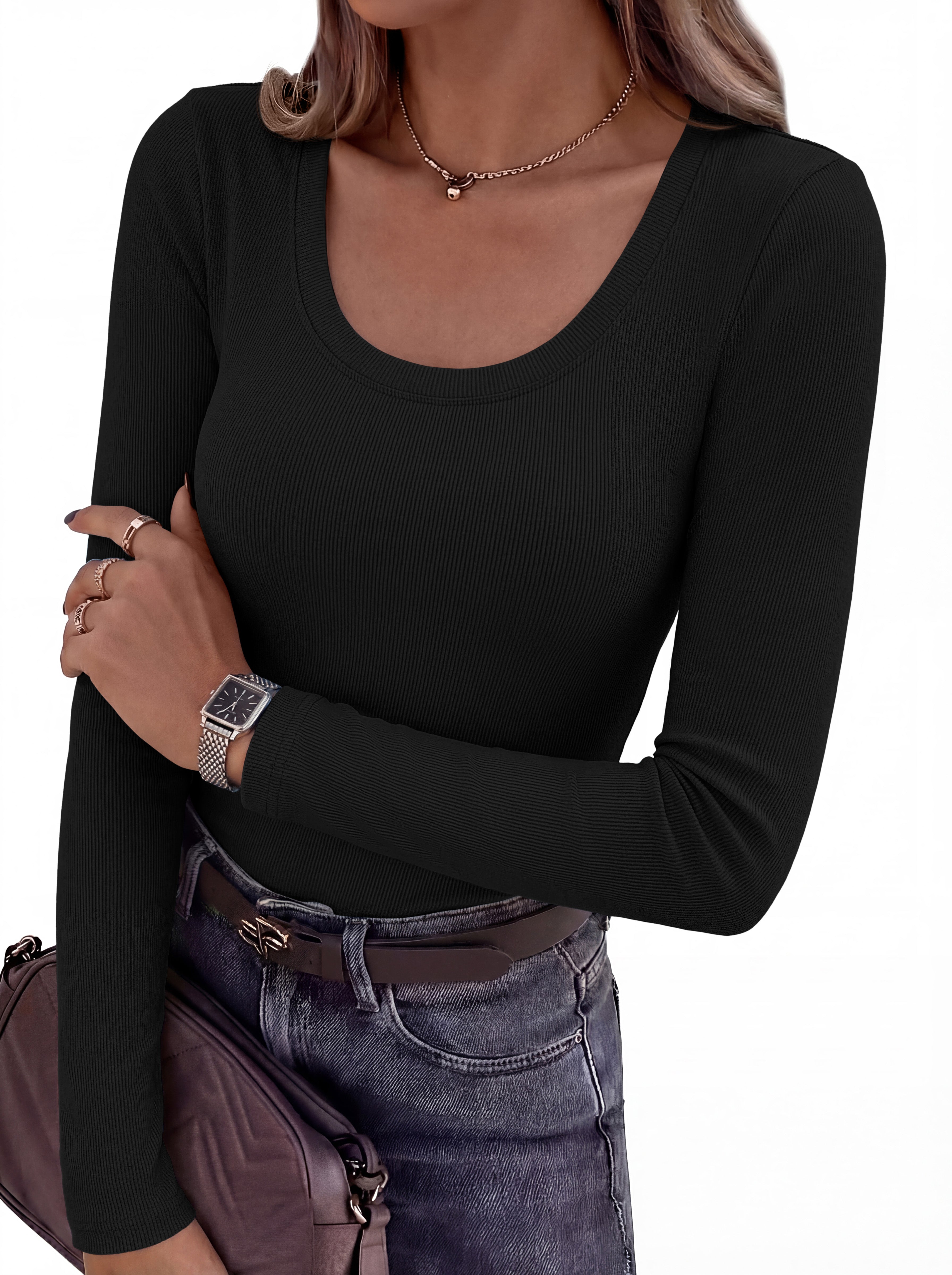 KIRUNDO Womens Long Sleeve Shirts Ribbed Knit Scoop Neck Slim Fitted Casual Basic Tee Going Out Tops 2026 Early Fall Fashion