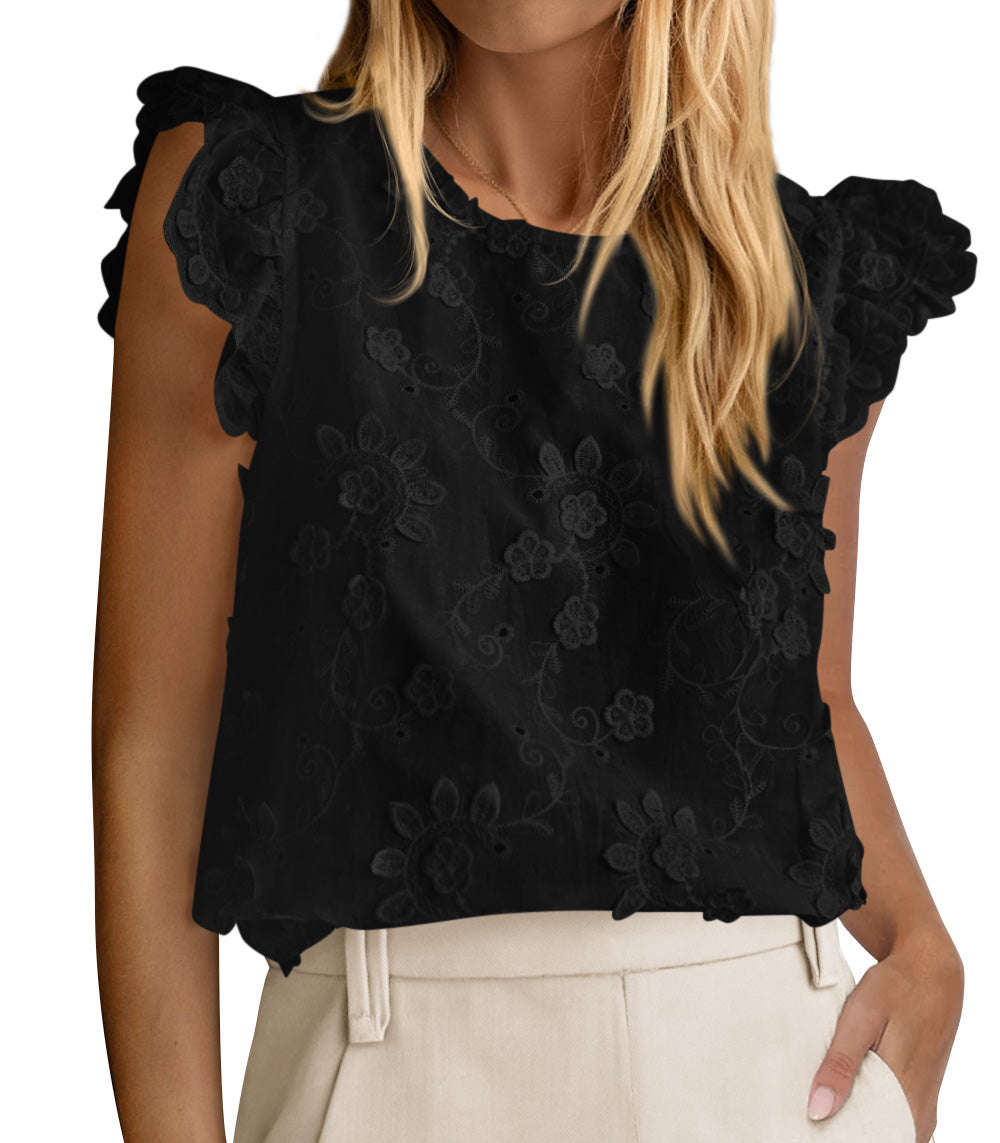 KIRUNDO Summer Tops For Women 2026 Ruffle Cap Sleeve Lace Embroidered Floral Boho Shirts Dressy Casual Blouses Cruise Outfits