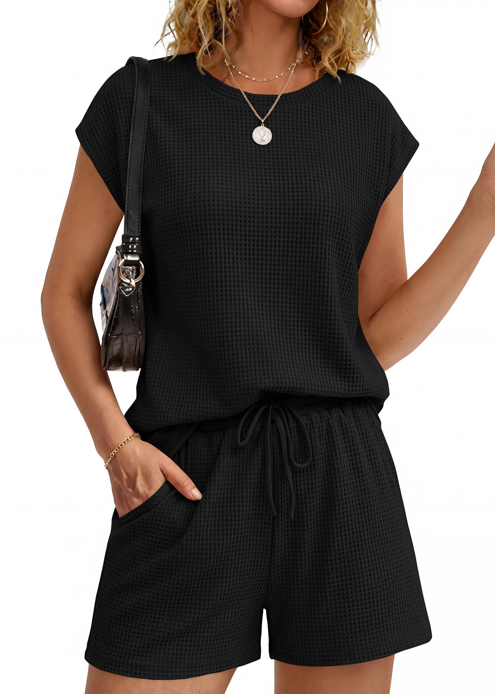 KIRUNDO 2 Piece Sets For Women 2026 Summer Waffle Knit Cap Sleeve Lounge Set Casual Travel Vacation Outfits With Shorts