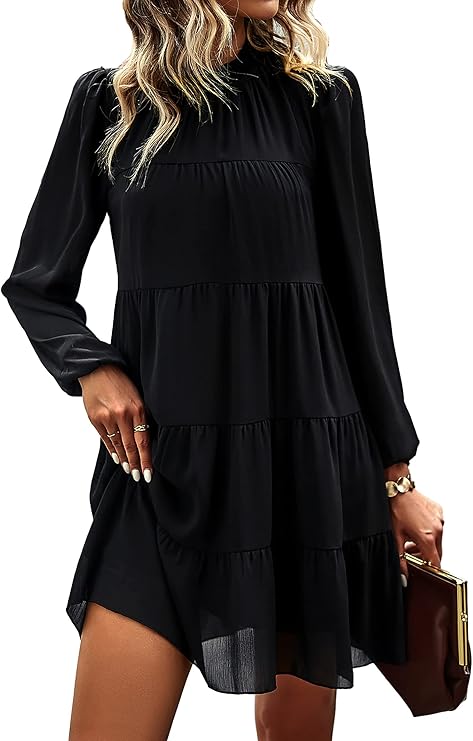KIRUNDO Long Sleeve Baby Doll Dresses Women 2026 Casual Spring Summer Ruffle Mock Neck Tiered Mini Flowy Swing Shift Dress