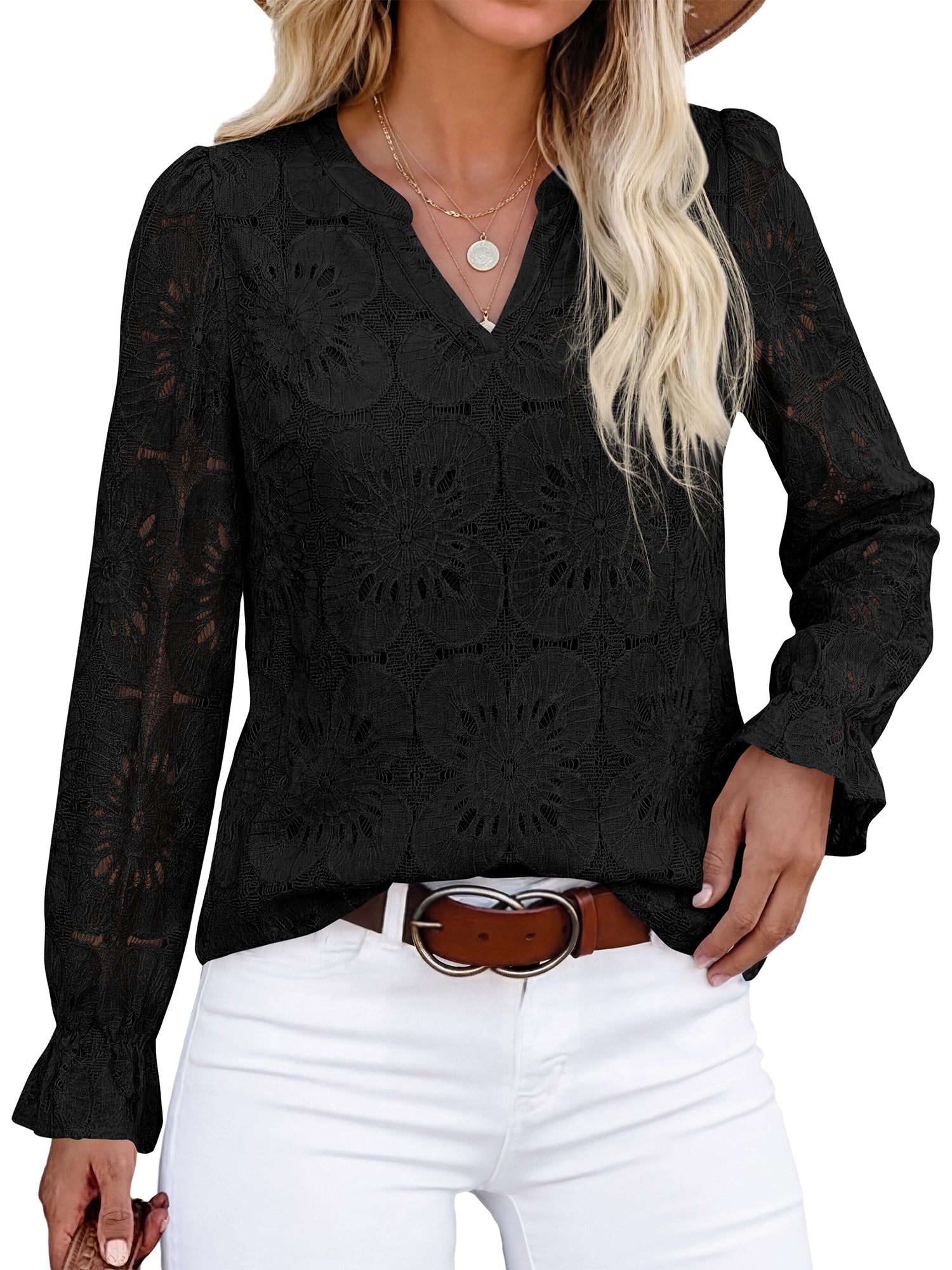 KIRUNDO Lace Tops for Women Dressy Eyelet Long Sleeve Blouses