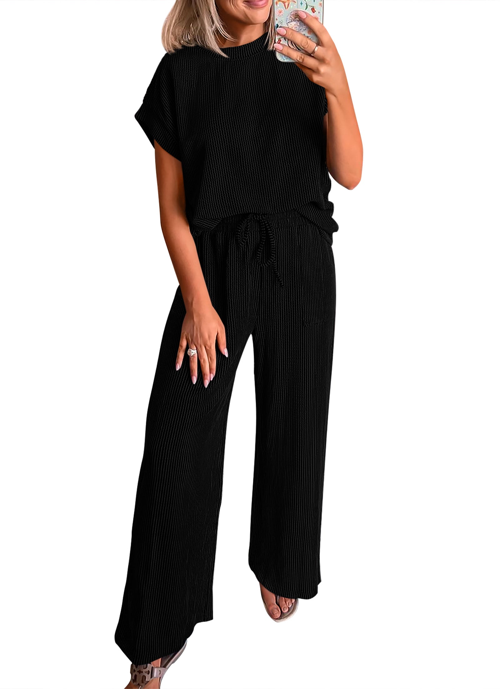 KIRUNDO 2 Piece Sets for Women Dressy Casual Ribbed Knit Short Sleeve Tops Wide Leg Pants Lounge Set Travel Airport Outfits