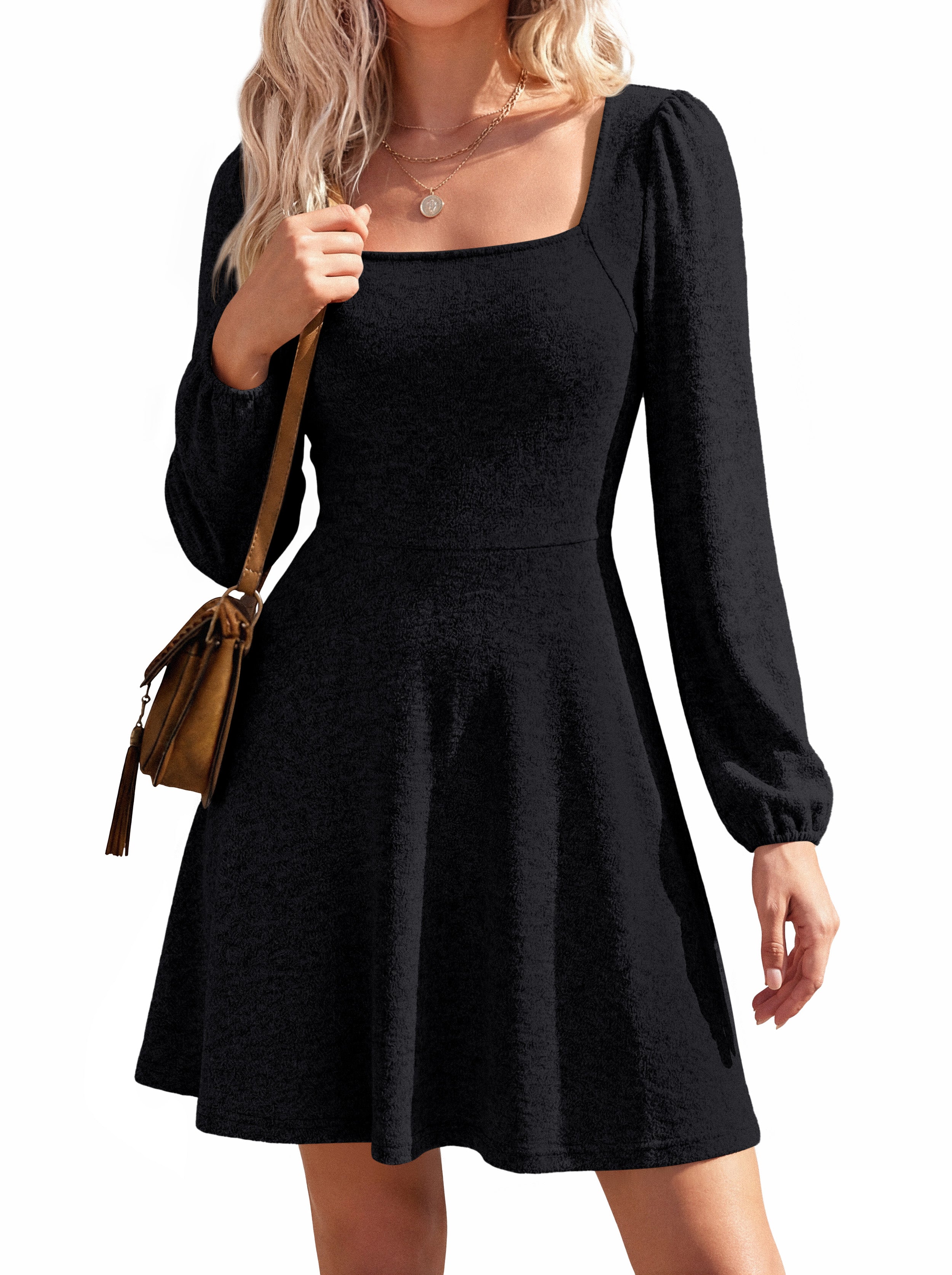 KIRUNDO Womens Long Sleeve Mini Dress 2026 Fall Square Neck High Waist A Line Knit Casual Holiday Party Short Dresses