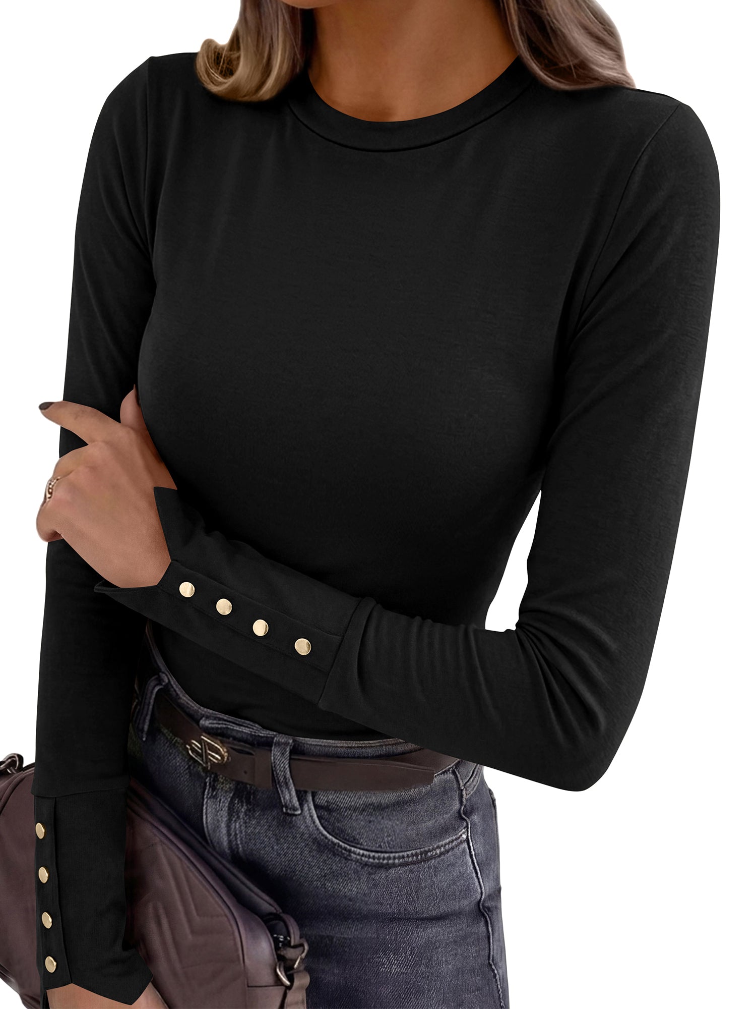 KIRUNDO Long Sleeve Shirts for Women Crew Neck Button Cuffs Business Casual Tops Slim Fitted Basic Knit Tee Fall Clothes