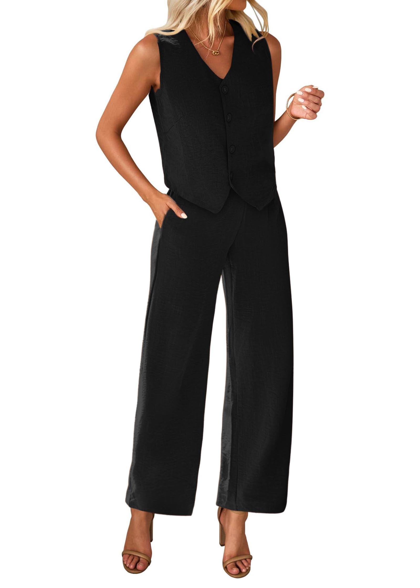 KIRUNDO Womens Two Piece Outfits Summer Fashion Button V Neck Crop Vest Blazer and Wide Leg Pants Suit Matching Sets