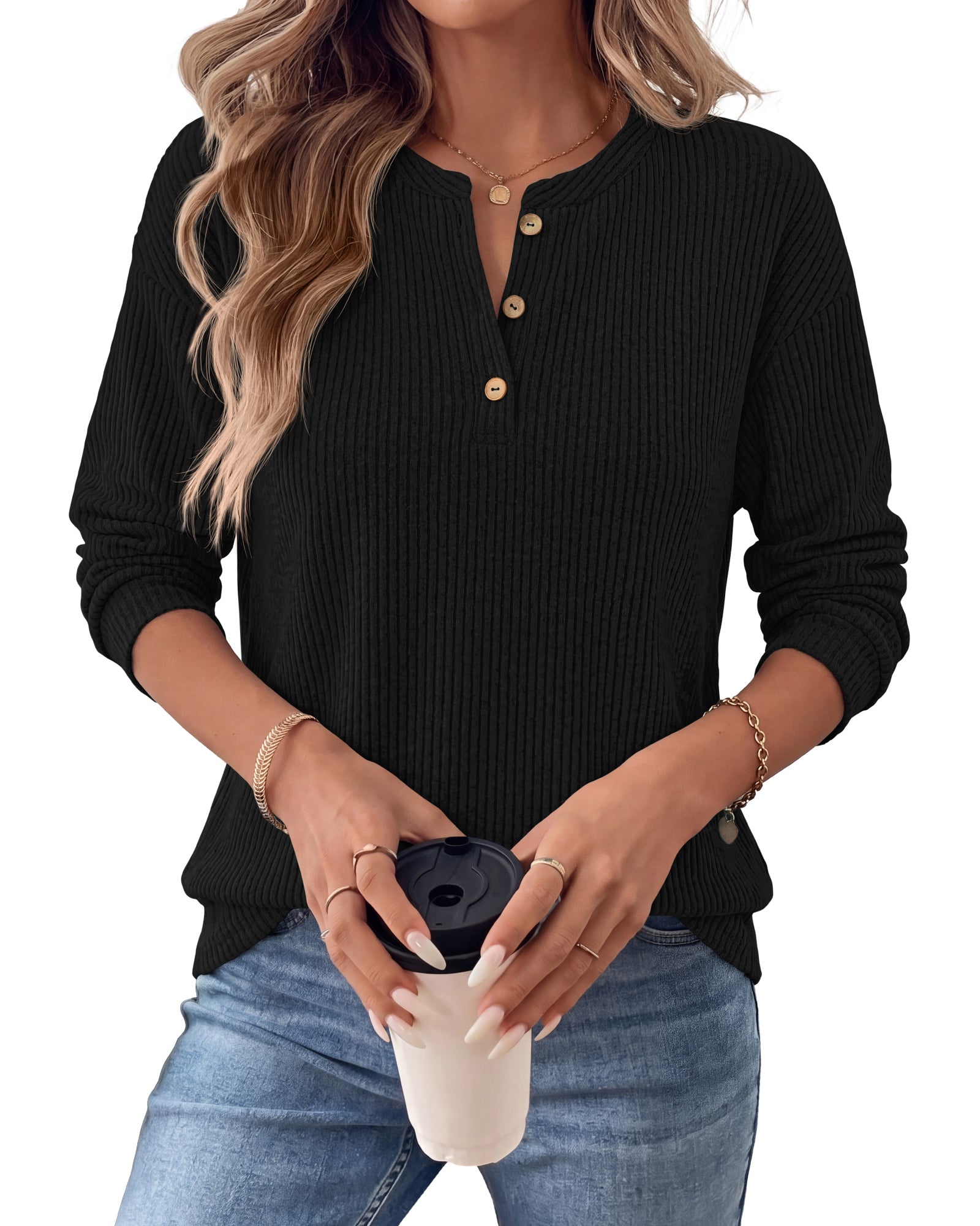 KIRUNDO Womens Long Sleeve Henley Shirts Dressy Casual Button Down Tops