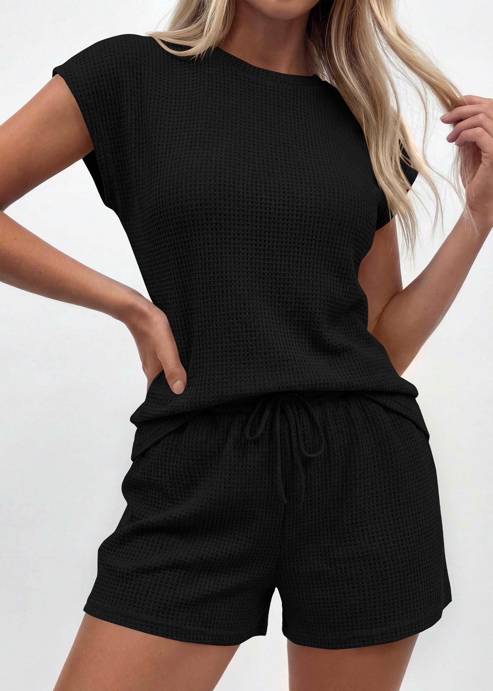 KIRUNDO 2 Piece Sets For Women 2026 Summer Waffle Knit Cap Sleeve Lounge Set Casual Travel Vacation Outfits With Shorts