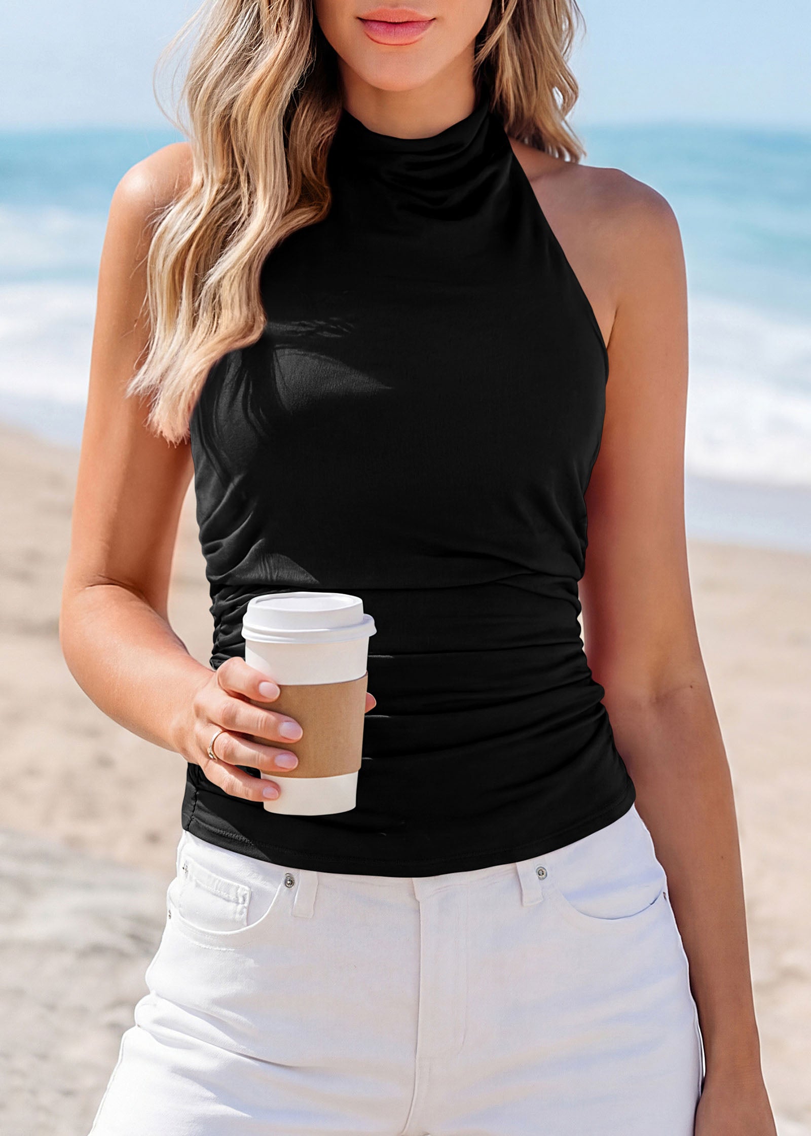 KIRUNDO Tank Tops For Women 2026 Dressy Halter Cowl Neck Backless Summer Clothes Casual Fitted Going Out Mesh Beach Outfits