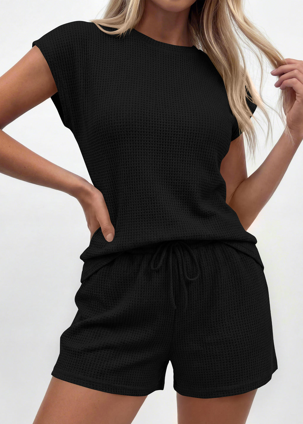 KIRUNDO 2 Piece Sets For Women 2026 Summer Waffle Knit Cap Sleeve Lounge Set Casual Travel Vacation Outfits With Shorts