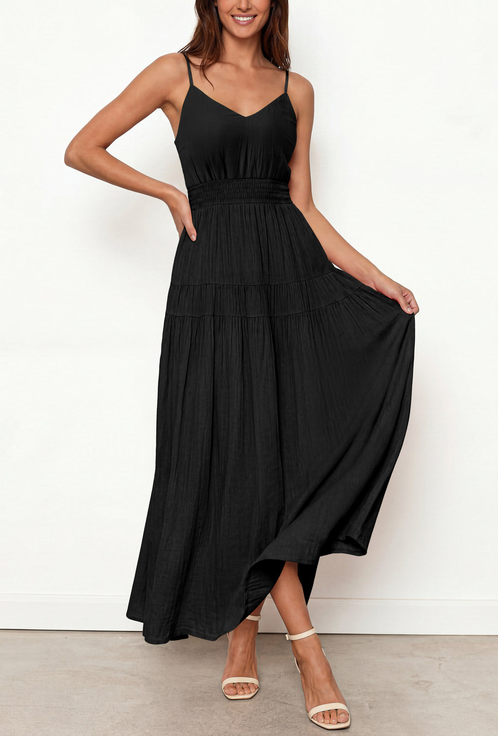 KIRUNDO Summer Dresses for Women Spaghetti Strap Sleeveless High Waist Flowy Boho Maxi Dress Beach Vacation Long Sundress