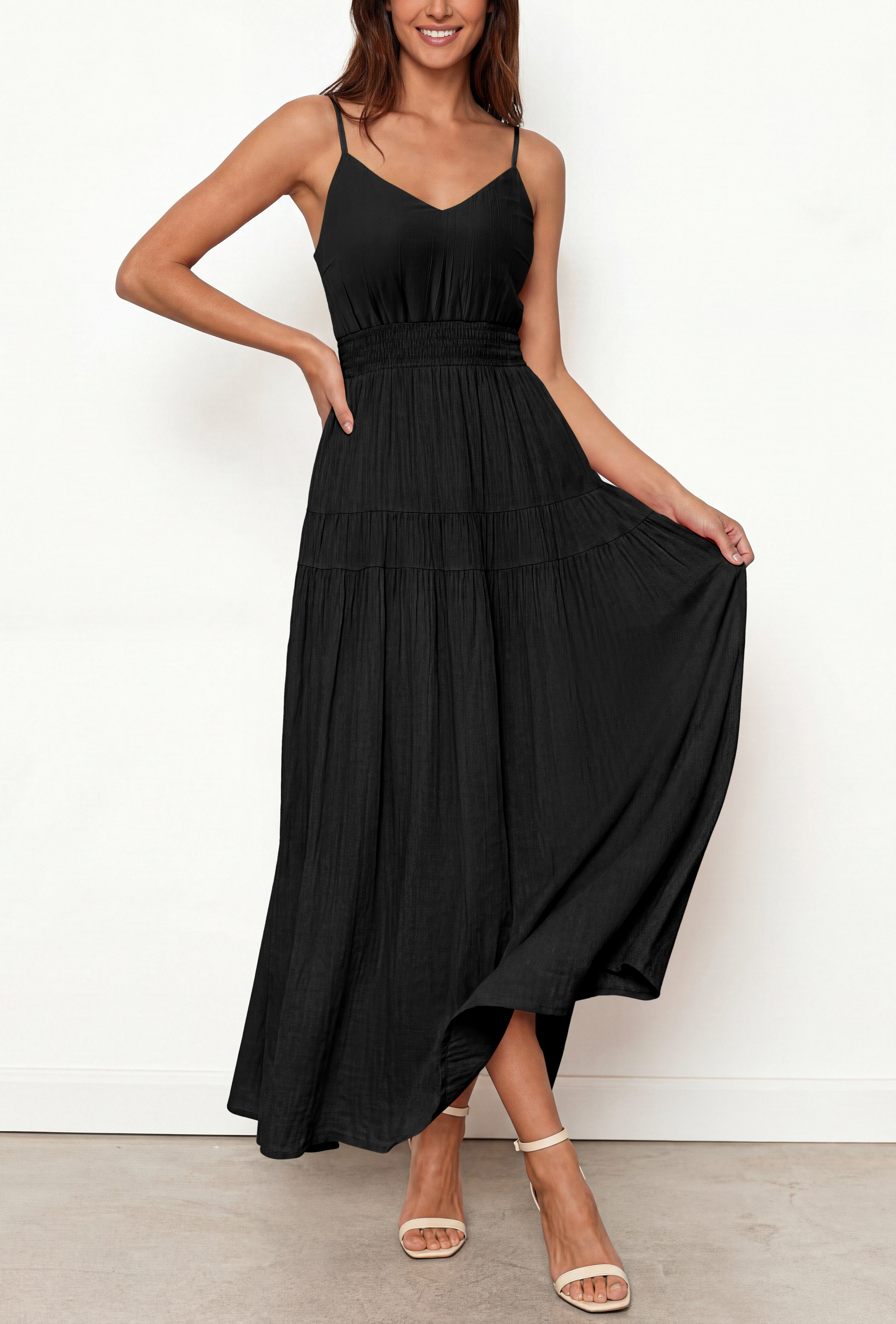 KIRUNDO Summer Dresses for Women Spaghetti Strap Sleeveless High Waist Flowy Boho Maxi Dress Beach Vacation Long Sundress