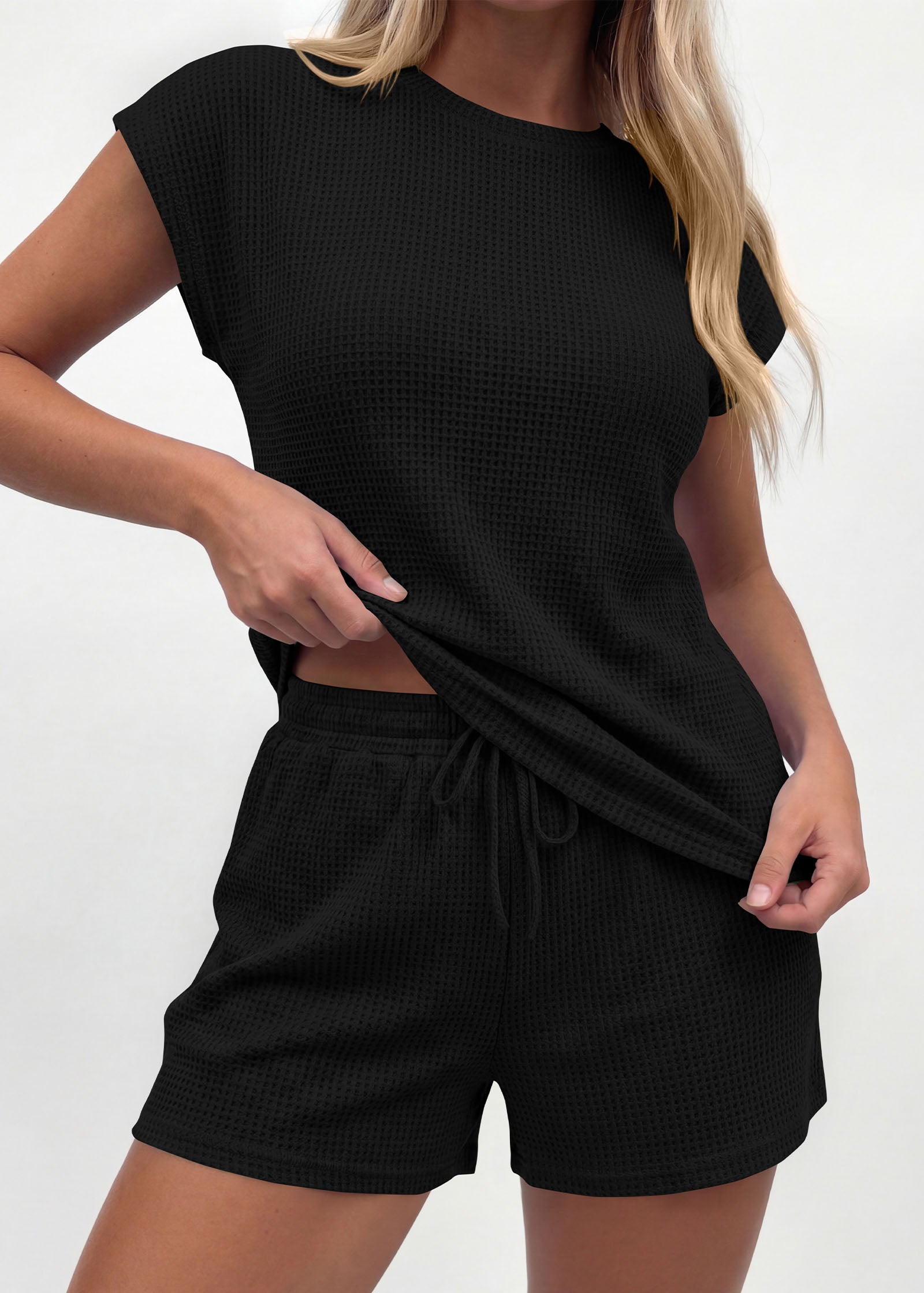 KIRUNDO 2 Piece Sets For Women 2026 Summer Waffle Knit Cap Sleeve Lounge Set Casual Travel Vacation Outfits With Shorts