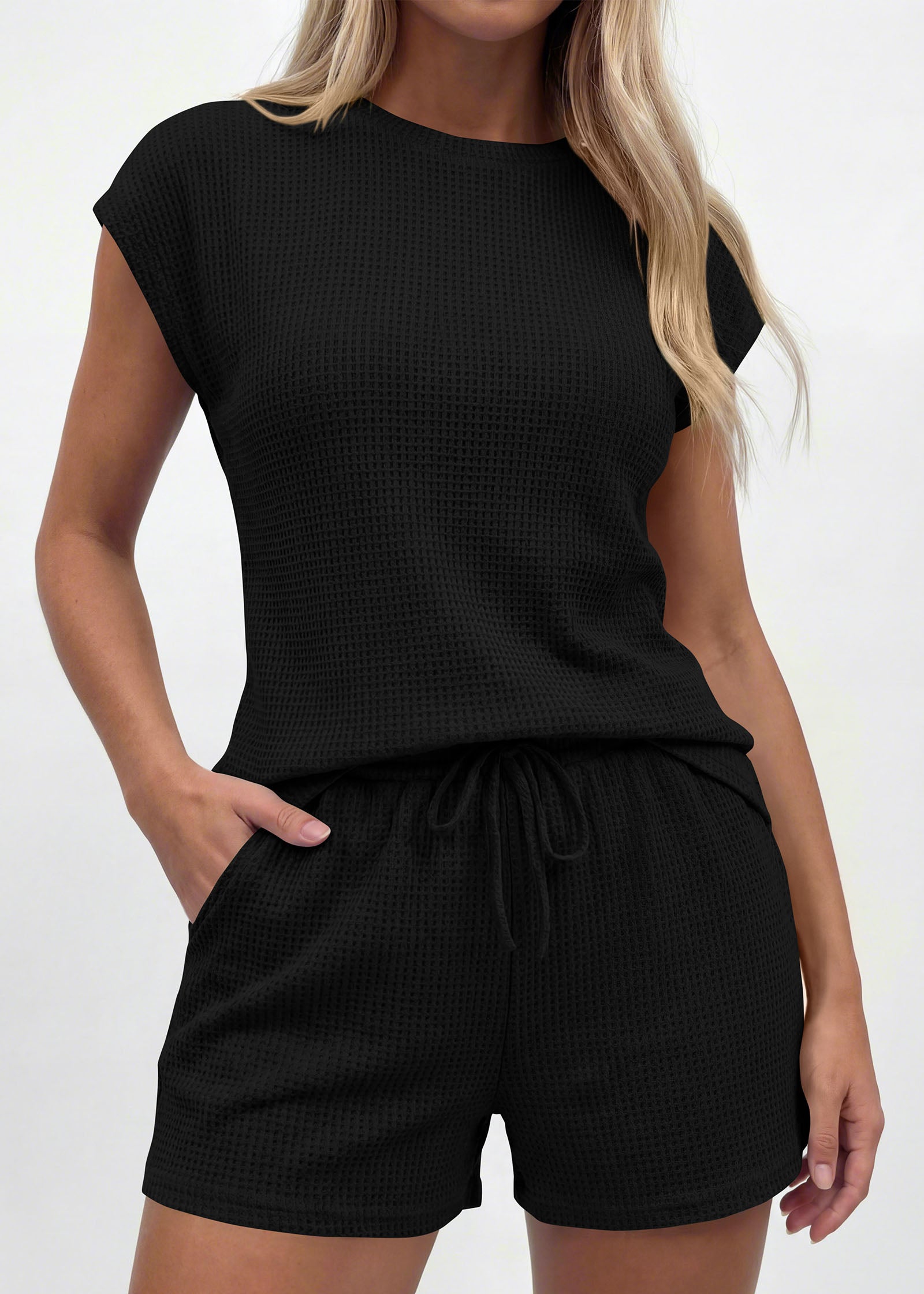 KIRUNDO 2 Piece Sets For Women 2026 Summer Waffle Knit Cap Sleeve Lounge Set Casual Travel Vacation Outfits With Shorts