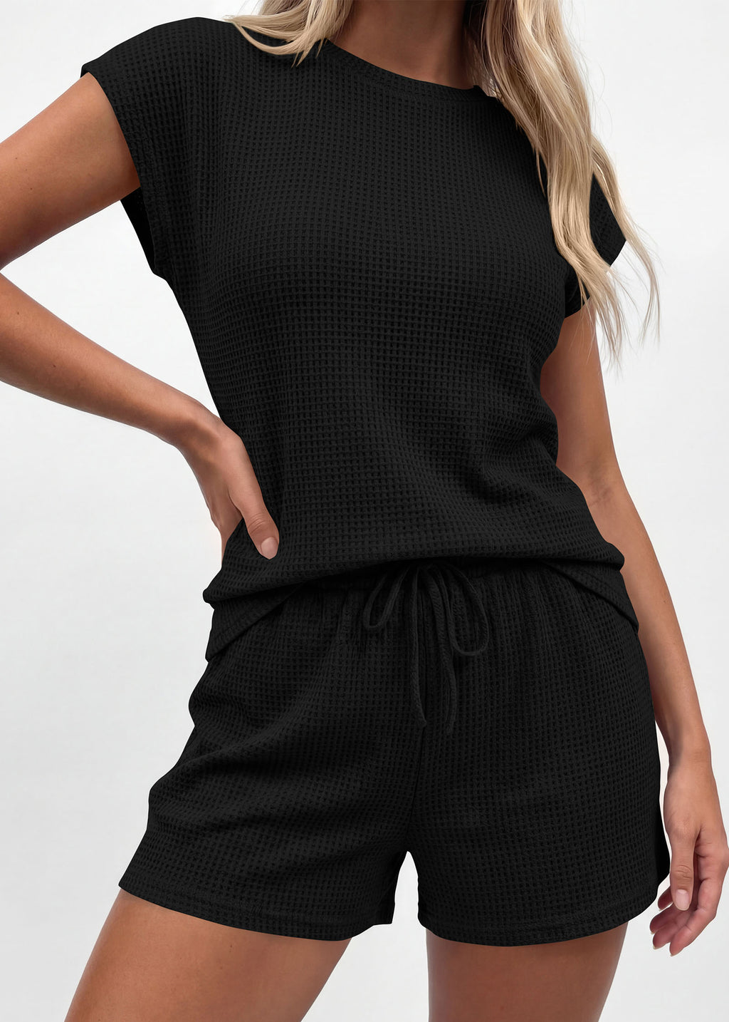 KIRUNDO 2 Piece Sets For Women 2026 Summer Waffle Knit Cap Sleeve Lounge Set Casual Travel Vacation Outfits With Shorts