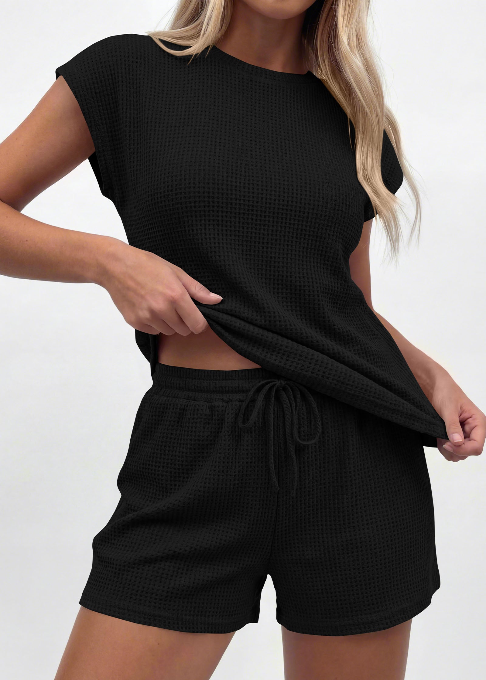 KIRUNDO 2 Piece Sets For Women 2026 Summer Waffle Knit Cap Sleeve Lounge Set Casual Travel Vacation Outfits With Shorts